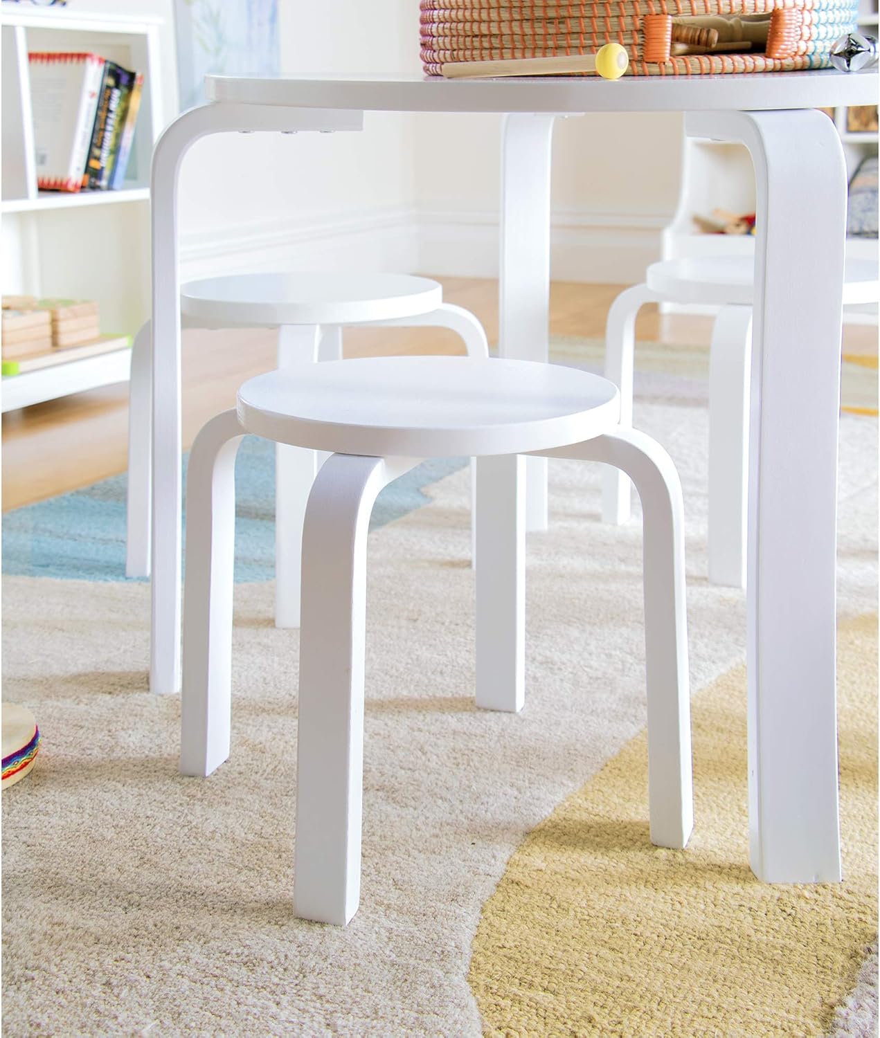 Guidecraft Nordic Table and Stools Set for Kids: White - Stacking Bentwood Stools with Curved Wood Toddler Activity Table - Children's Modern Bedroom, Playroom, and Living Room Furniture