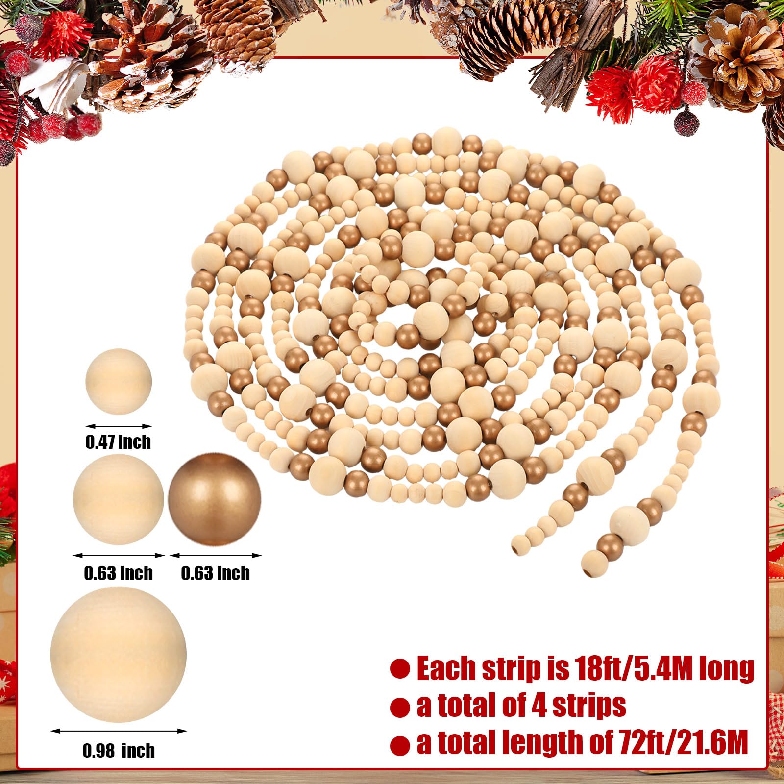 Lot de 4 guirlandes de perles en bois à suspendre pour sapin de Noël - 22 m - Blanc et doré - Décoration de Noël rustique - Décoration d'intérieur pour table, mur, vacances, cheminée