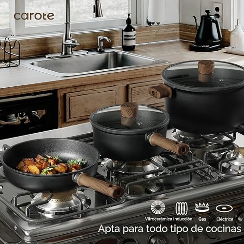 Miniatura 5 de CAROTE Ollas y sartenes antiadherentes, juego de utensilios de cocina de inducción, antiadherentes con sartén (PFOS, libre de PFOA), negro, 16 piezas