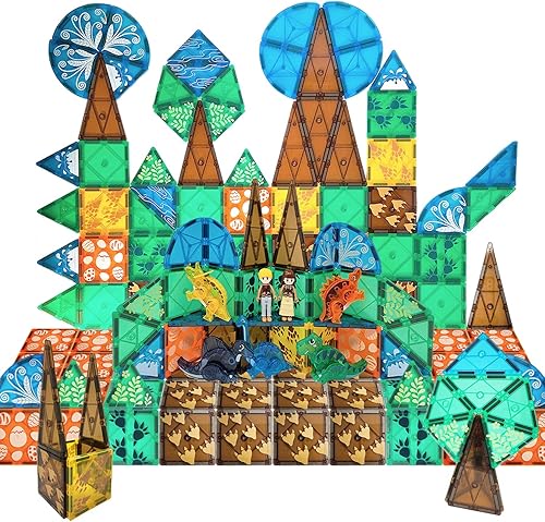 76 piezas de azulejos magnéticos de dinosaurio; regalo de azulejos con imán de animales; juego de construcción de troncos, preescolar, jardín de