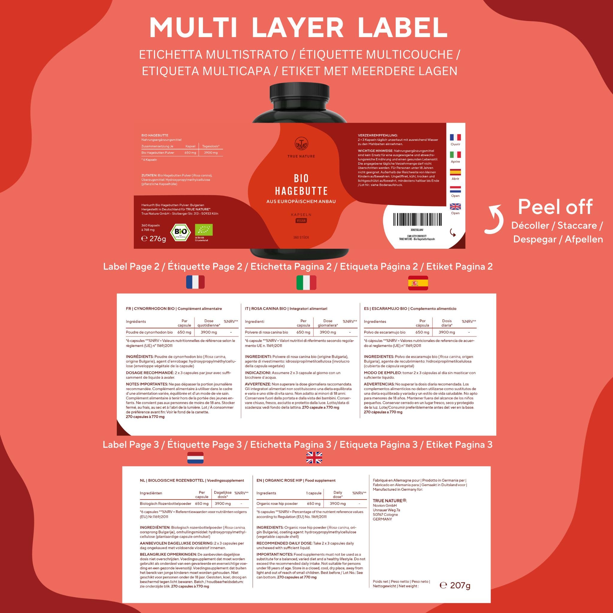 Rosa Canina Biologica - 3900 mg di dosaggio elevato - 360 Capsule (650 mg di polvere di rosa canina) - Vegan, senza glutine e senza lattosio - Testato in laboratorio - TRUE NATURE®