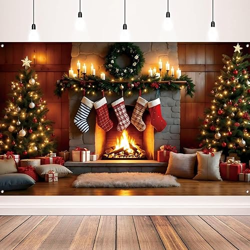Cartel de Navidad  Fondo de fiesta de Navidad para chimenea de gran tamaño para suministros de decoración de vacaciones, 71 x 43 pulgadas