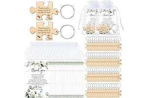Personalized Wedding Favors for Guests 100 Sets: Rustic Wood Puzzle Keychain and Thank You Cards