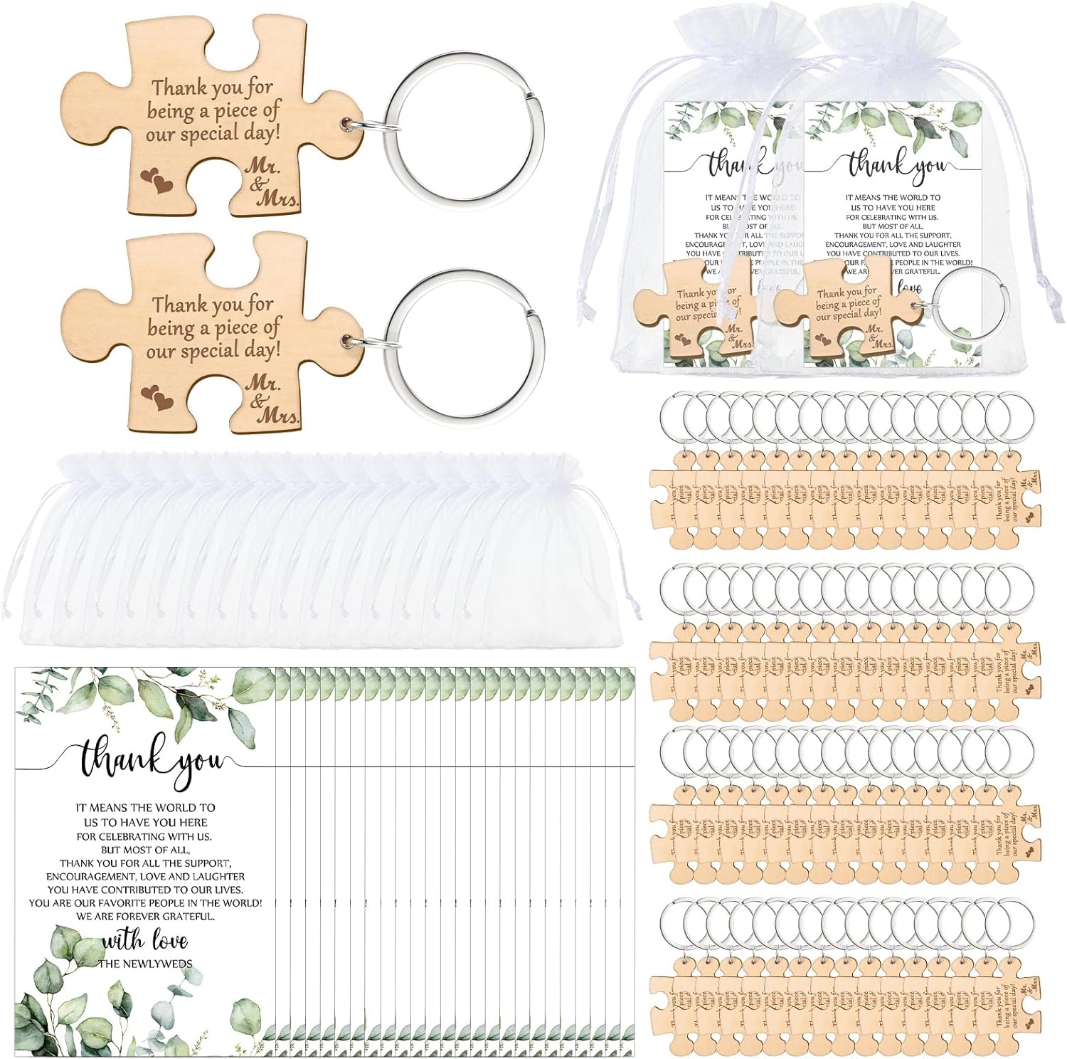 Sintuff 100 Sets Wedding Favors for Guests Rustic Wood Puzzle Keychain Thank You Card Organza Bag Wedding Party Bridal Shower Souvenir