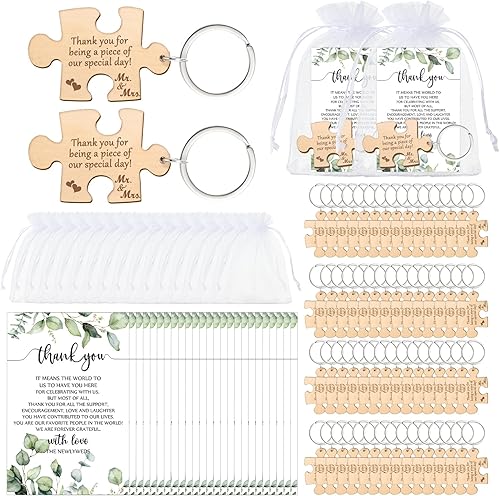 Miniatura 8 de Sintuff Recuerdos de boda para invitados, rompecabezas de madera rústica, llavero, tarjeta de agradecimiento, bolsa de organza, fiesta de boda,