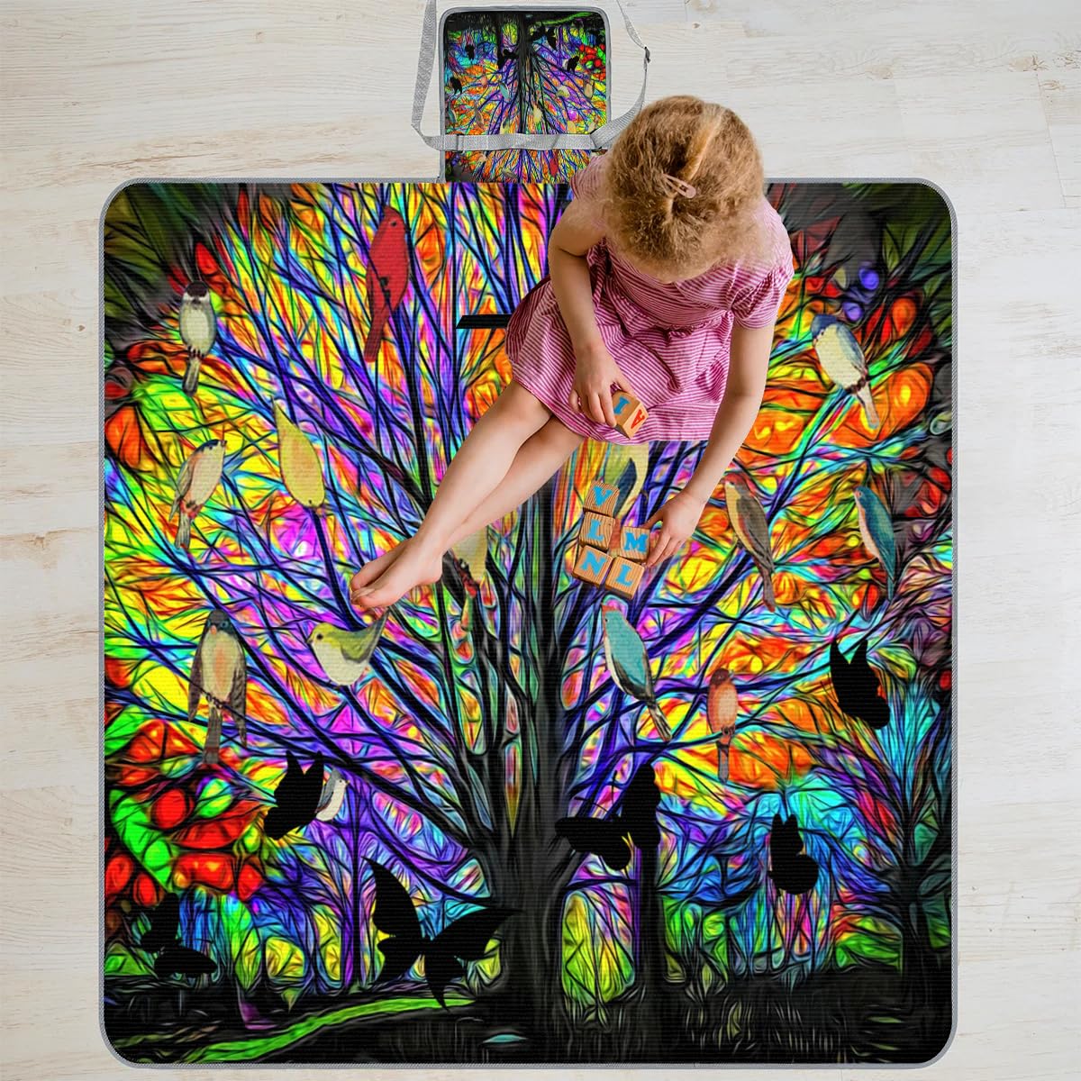 Manta cuadrada de picnic con diseño de árbol colorido, impermeable, plegable, para interiores y exteriores, para camping, playa, parque, reuniones familiares