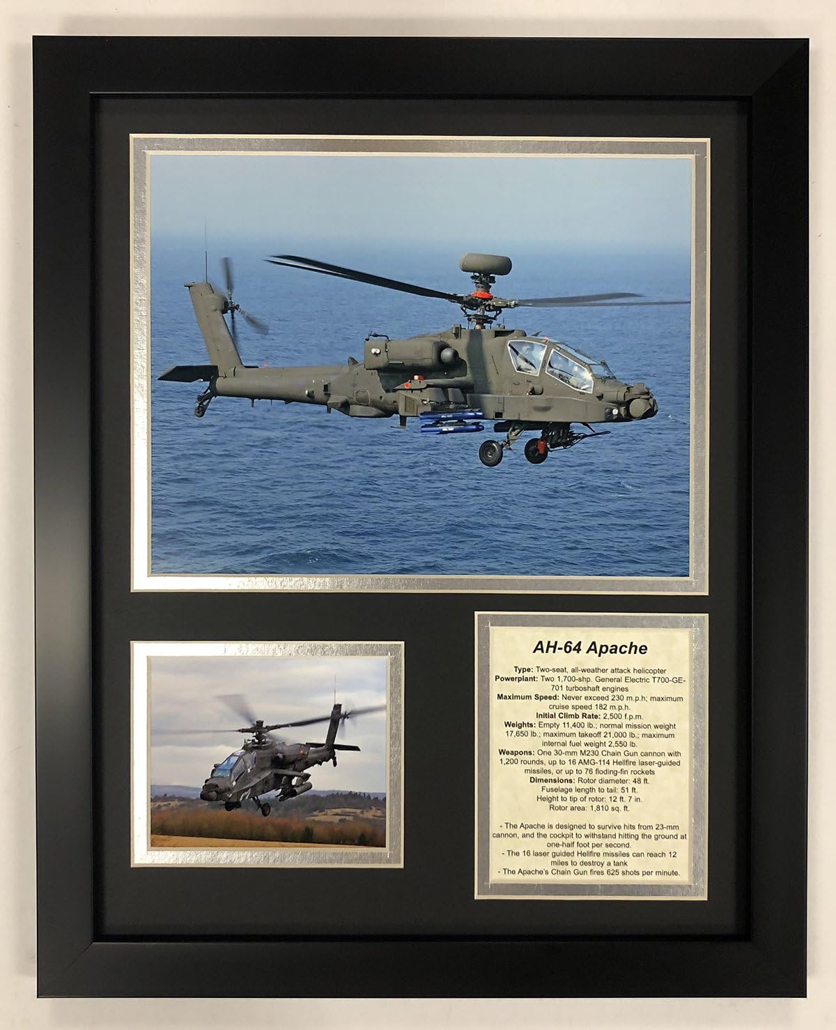 Legends Never Die Ah-64 Apache Helicopter Framed Double Matted Photos, 12" x 15", (14001U)