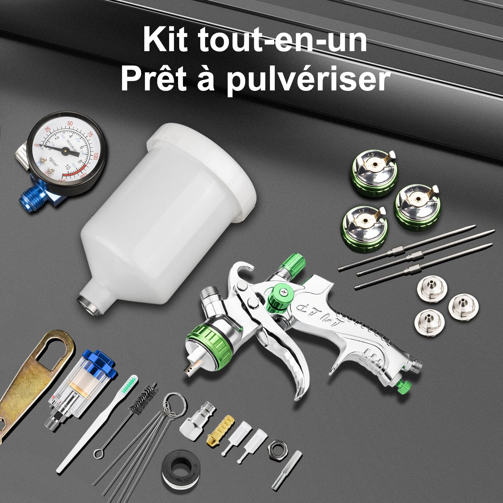 HVLP Pistolet à Peinture air Comprimé Kit, Facile à Utiliser, pour Peinture de Voitures et Maisons, Pistolet Peinture Professionnel à gravité pneumatique Buses 1,3/1,7/2,0 mm, Accessoires Inclus