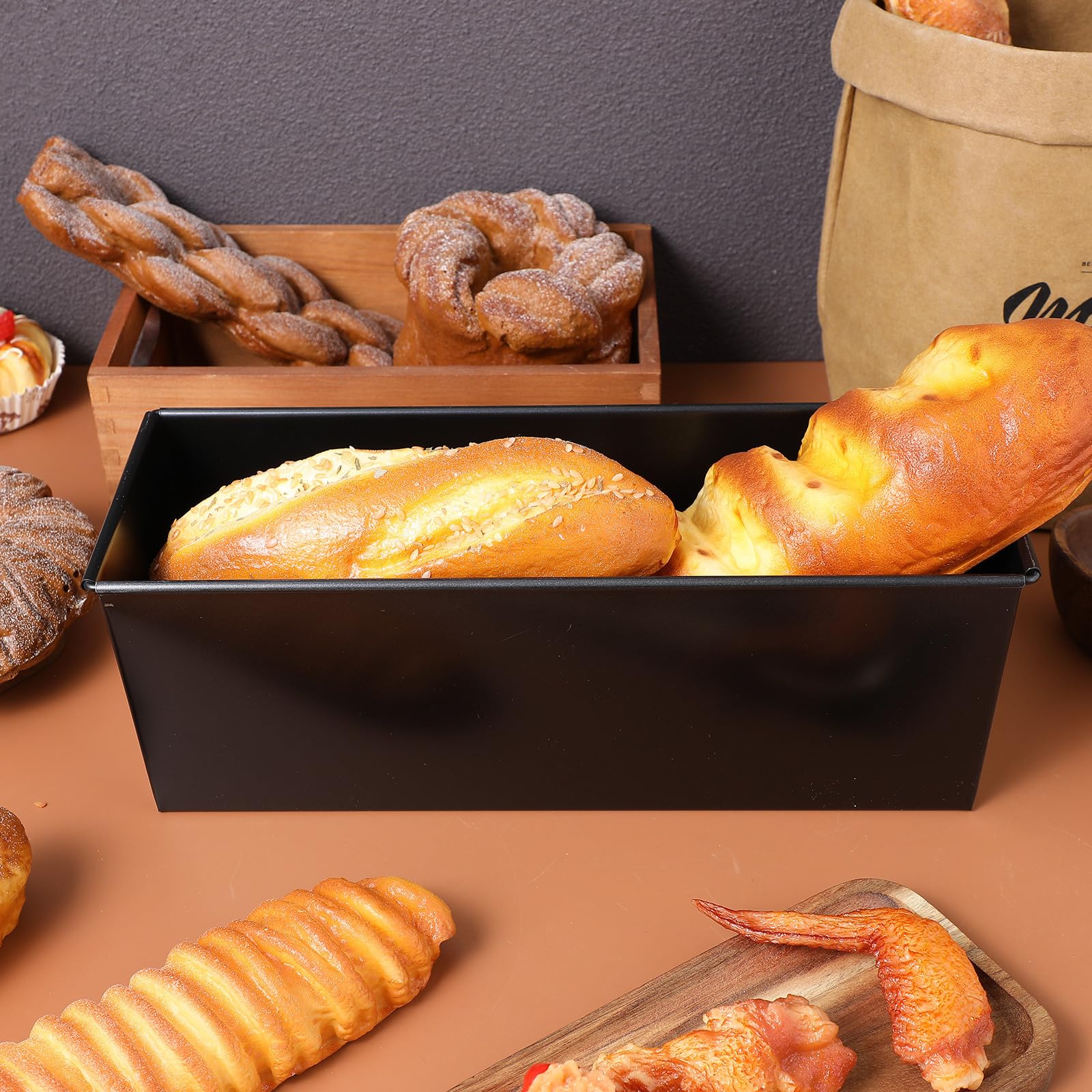 Moule à Rectangulaire Capacité 750g avec Couvercle Coulissant Noir Acier Inoxydable 5 Compartiments, Facile à Nettoyer, Cuisson à Domicile