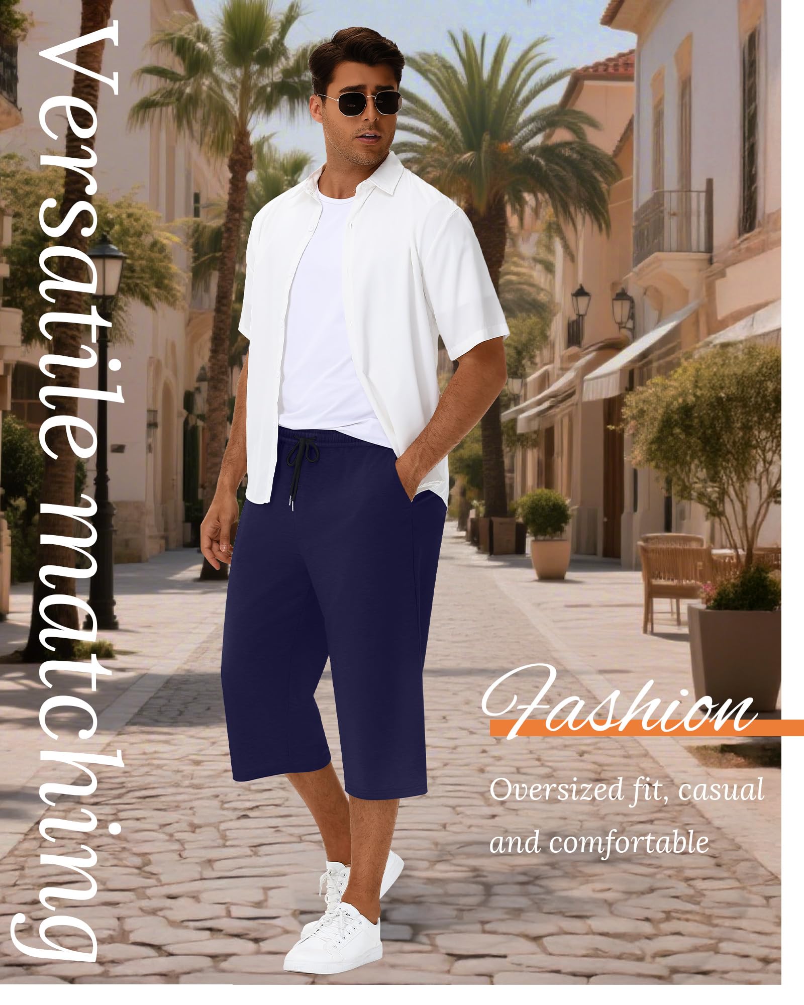 Neer Paquete de 3 pantalones capri holgados para hombre, talla grande, por debajo de la rodilla, casuales, 3/4, pantalones cortos grandes y altos, pantalones de verano con cordón y bolsillos