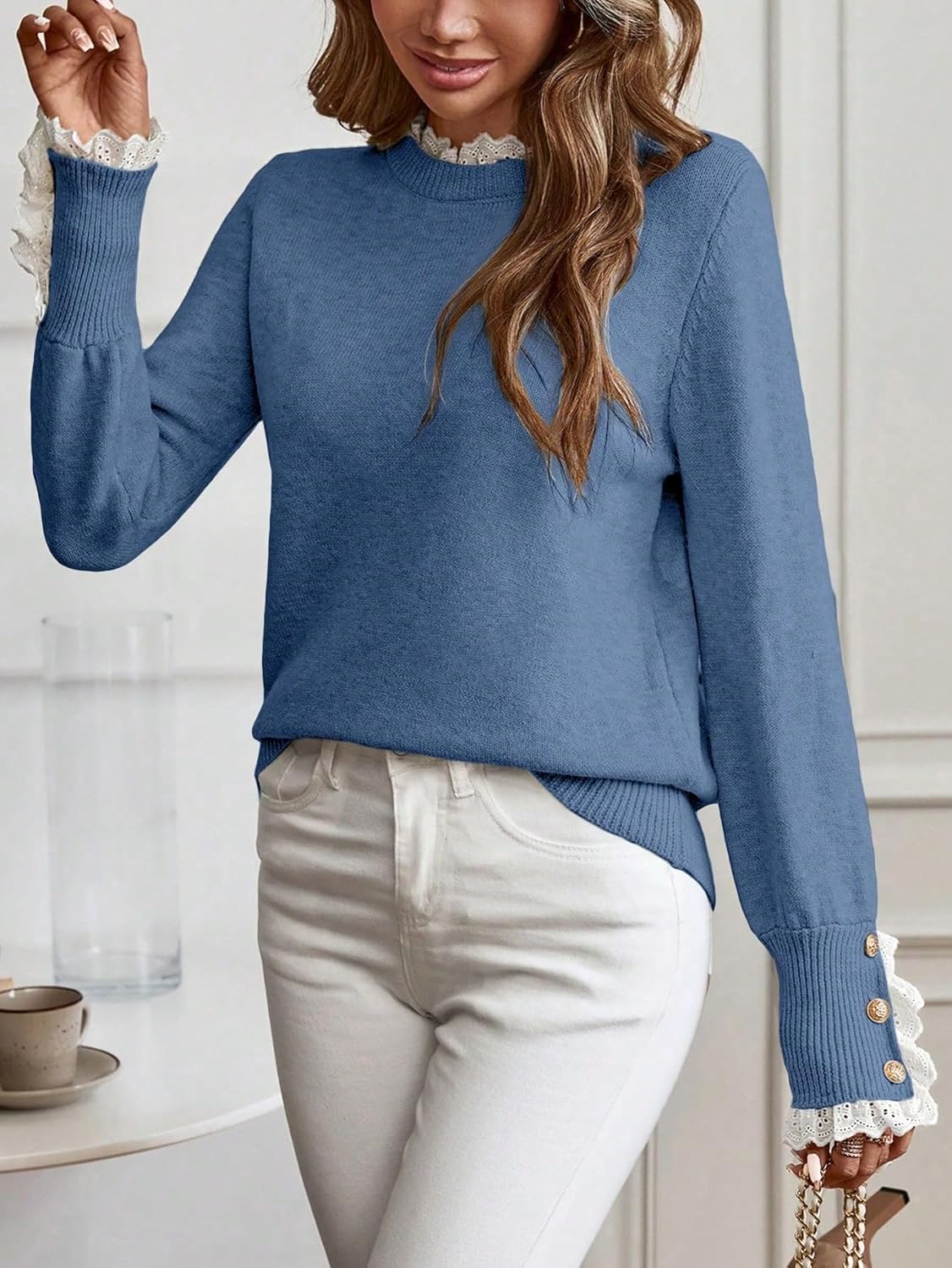 Women Sweater Casual Ruffle Decor Crew Neck Long Sleeve Dating Knit Pullover Fall Outfit Loose Fit Fall Outfits 2025