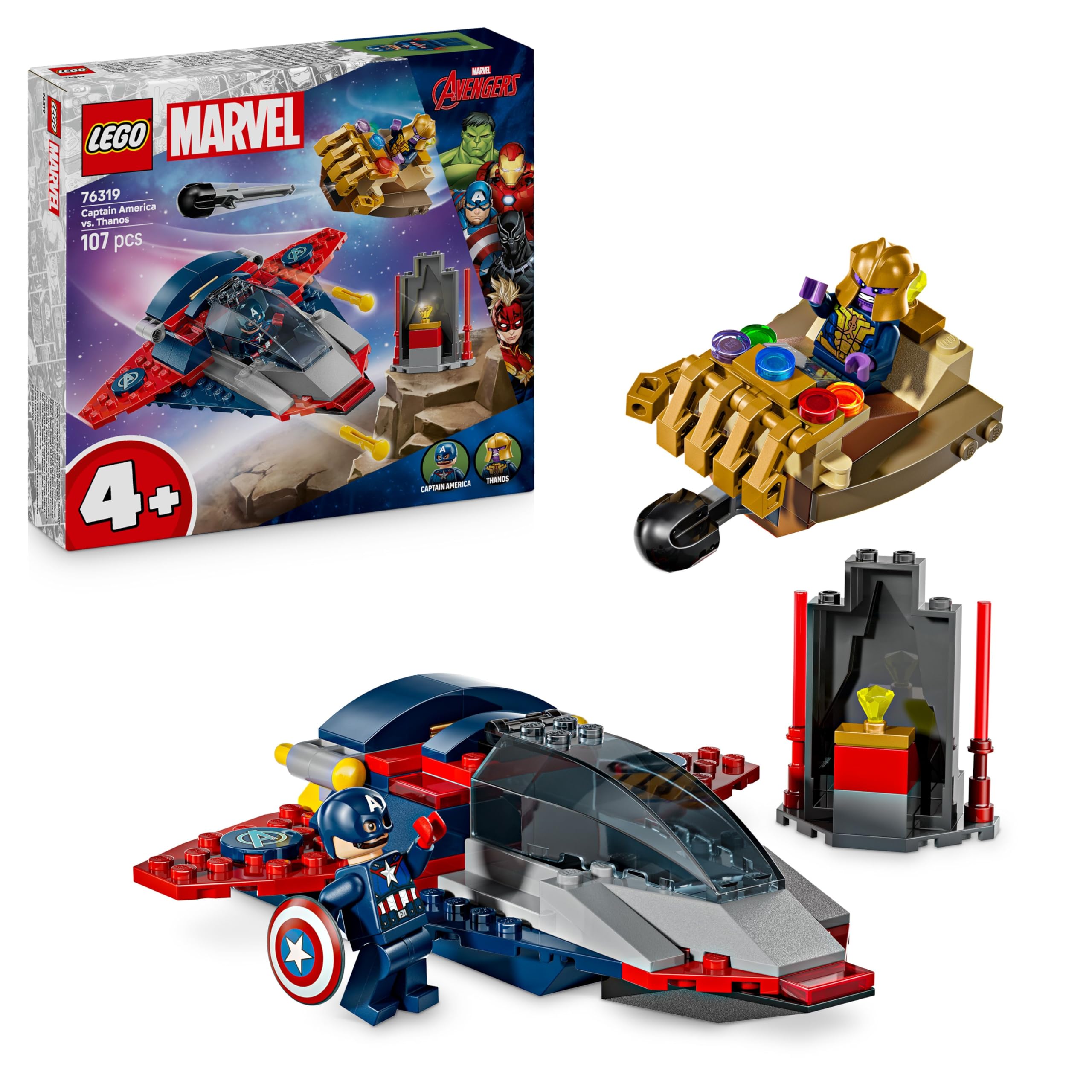 LEGO ǀ Marvel Capitán América vs. Thanos - Juguete de Superhéroes Vengadores con Avión a Reacción, Nave Espacial y 2 Minifiguras con Accesorios Inc. Escudo - Regalo para Niños de 4+ Años 76319