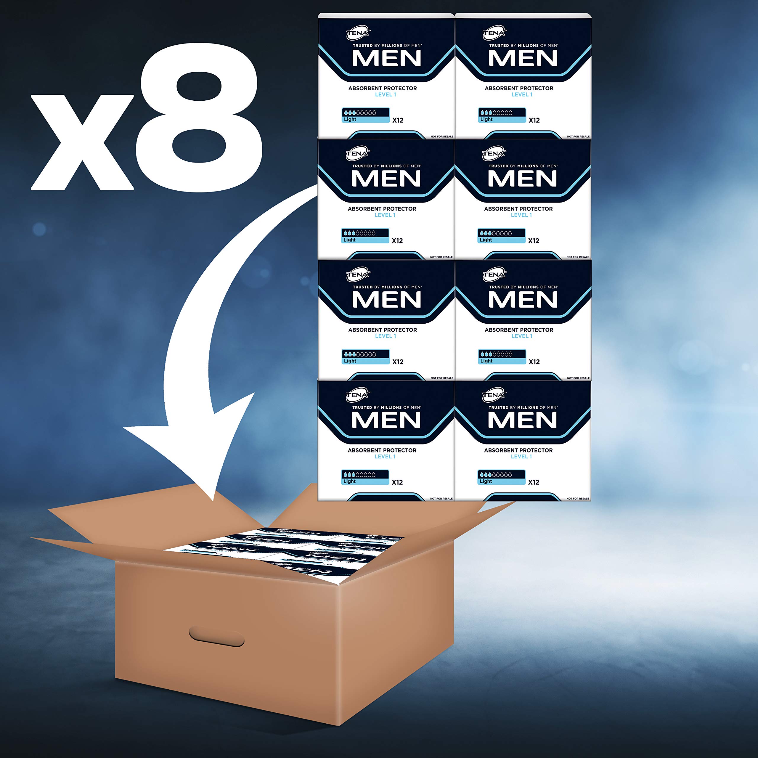 TENA Men Absorbent Protector Inkontinenzeinlagen, Level 1, für leichte Blasenschwäche, 96 Inkontinenzeinlagen (12 x 8 Packungen) für Männer, speziell entwickelt , Länge 23 cm