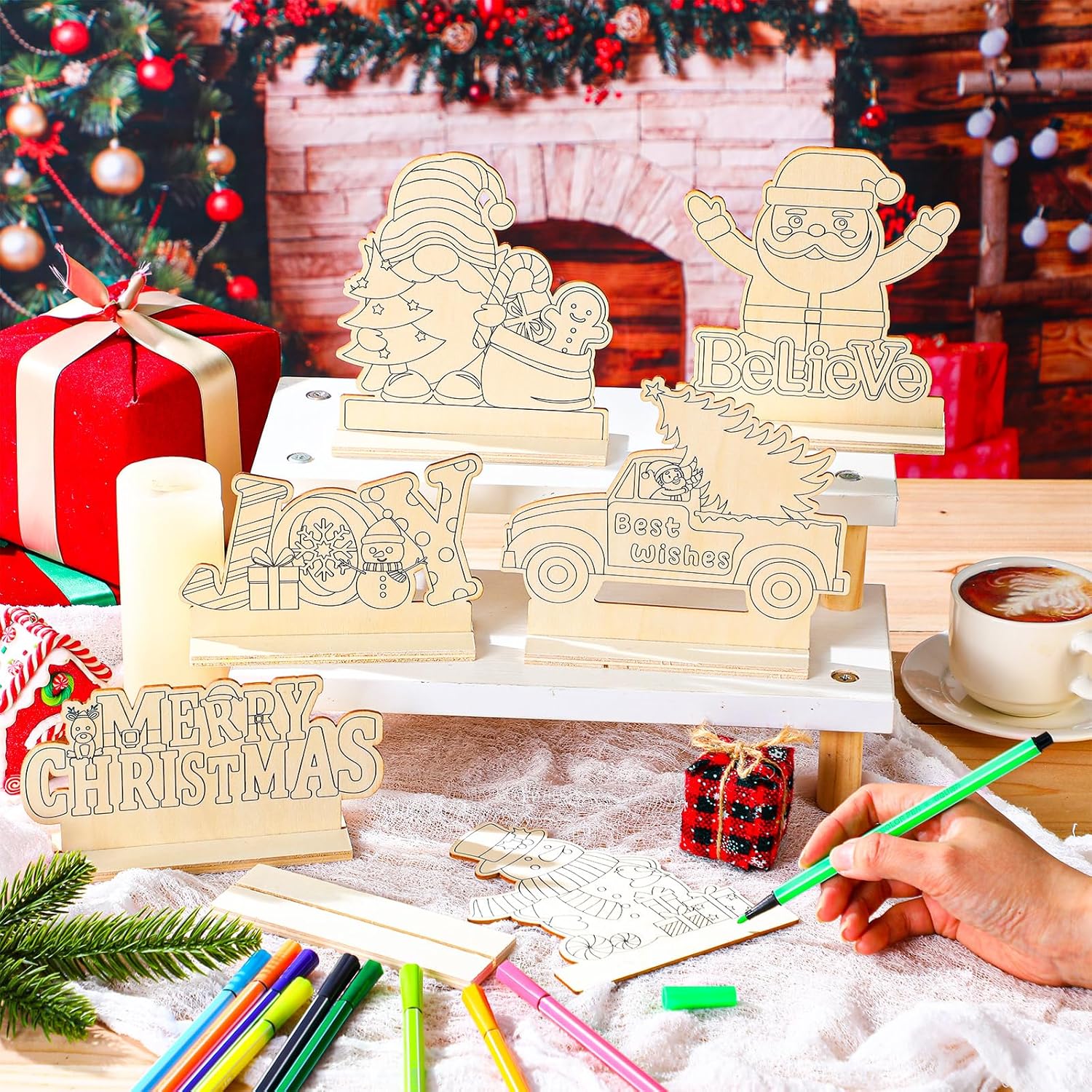 Yuntau 24 Pcs Color Your Own Christmas Table Crafts Decorations Merry Christmas DIY Paint Wooden Table Centerpiece Signs Unfinished Holiday Desktop Decor for Xmas Holiday Party Gifts Favors