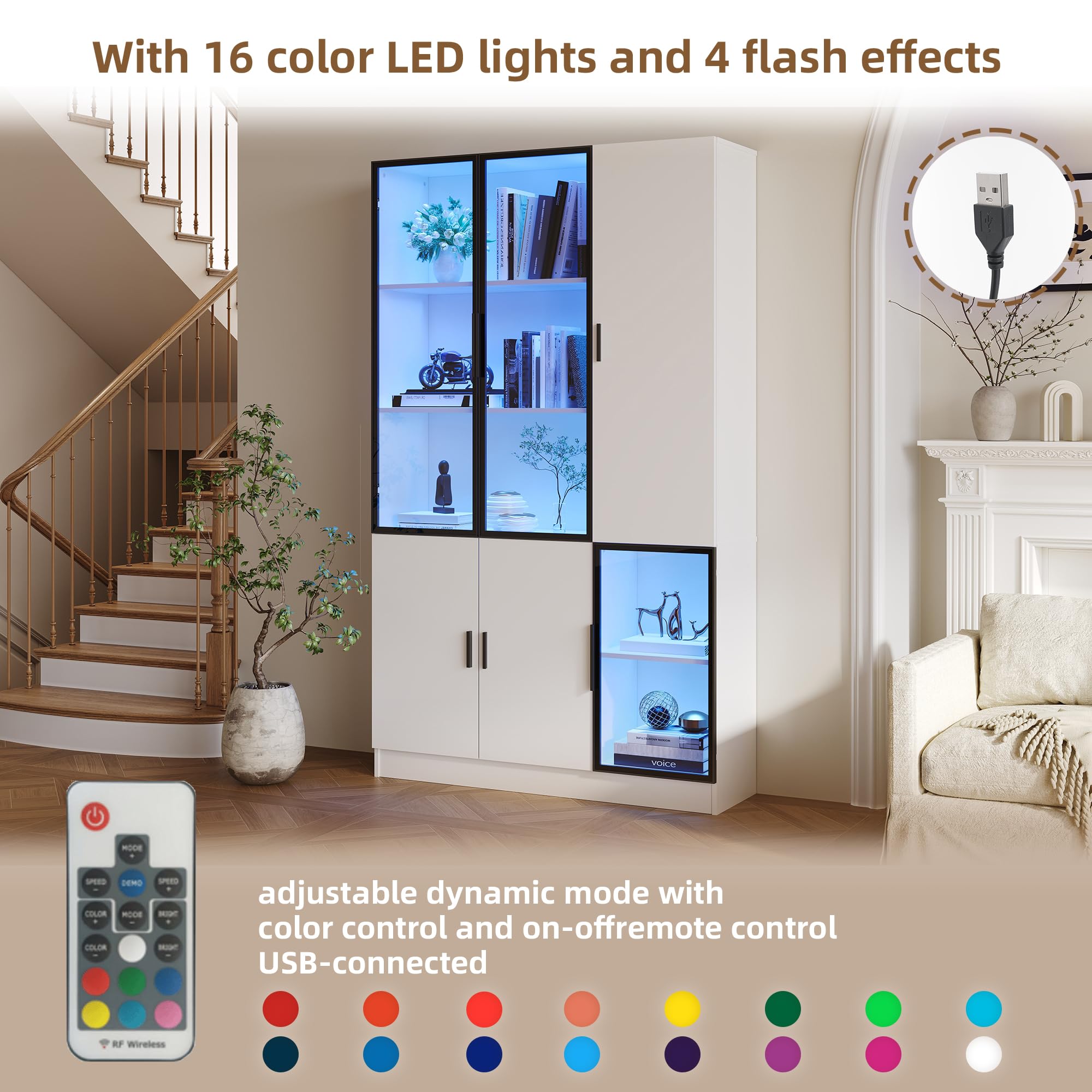 Vitrina de 120 x 35 x 200 cm, vitrina con iluminación LED, librería multifuncional, estantería con puertas de cristal y estructura de aluminio para dormitorios, salones y oficinas