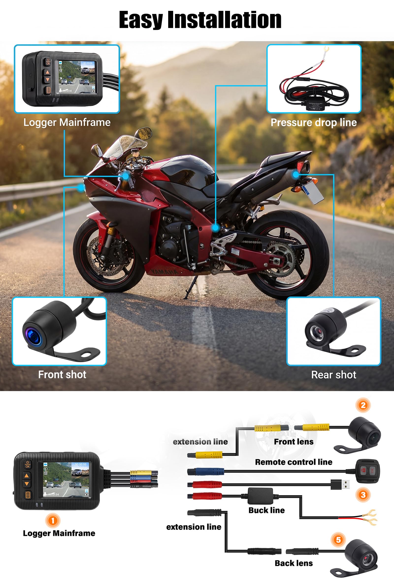 Moto 2-Pollici con Doppia Dash Cam, Videocamera Impermeabile per MOTO con Riprese Anteriori e Posteriori, con Visione Notturna, Sensore G, Doppia Lente, Registrazione in Loop, Dashcam DVR