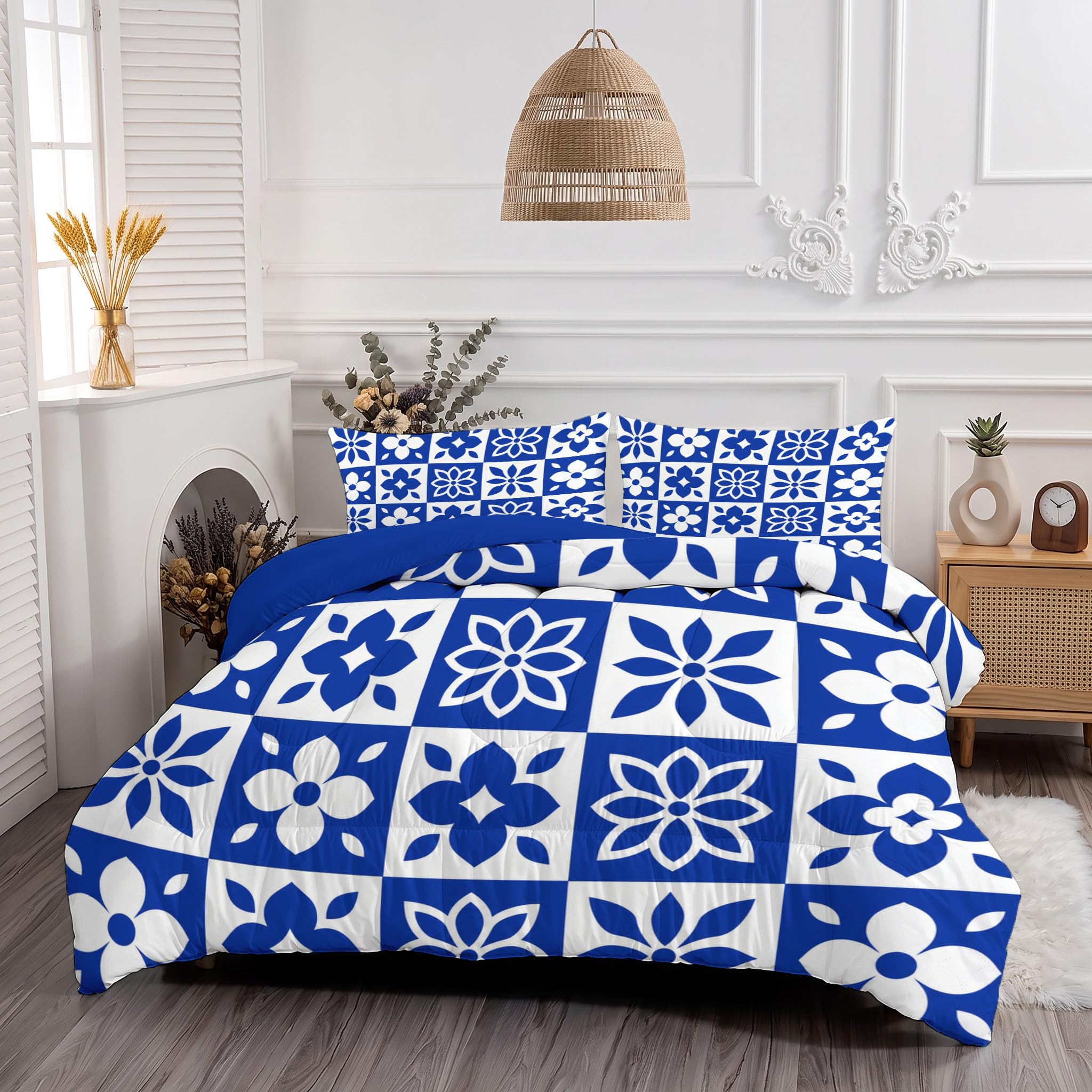 Piumone 2-In-1 Letto Matrimoniale 200X200 Cm Piastrelle Floreali Marocchine | Trapunta E Piumino Reversibile 4 Stagioni, Griglia Geometrica Per Piante, Copriletto Lavabile Morbido Leggero, Blu Navy