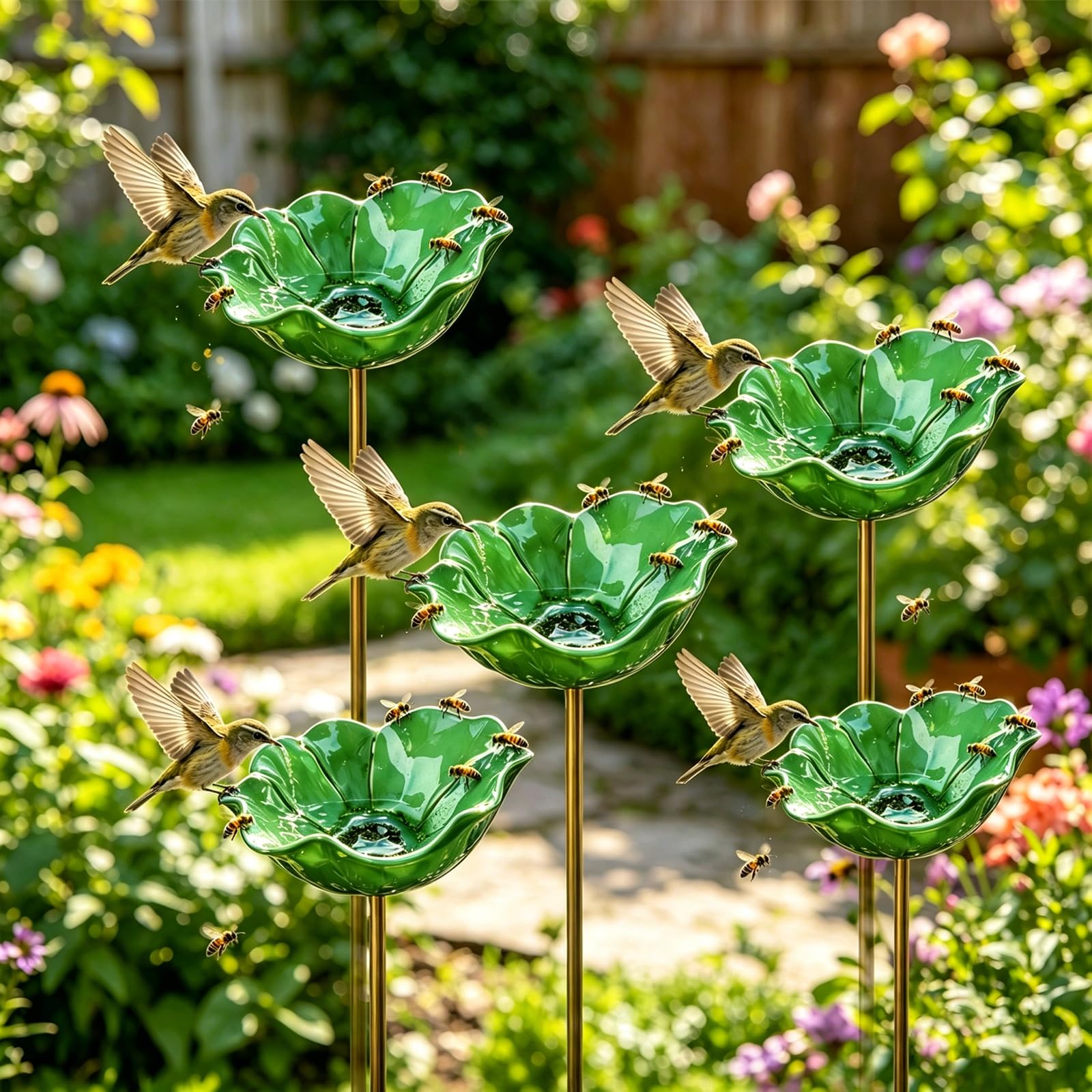 Handmade Metal Flower Garden Stake Bird Bath, Butterfly Bee Water Feeder with Flower Design, Decorative Garden Flowers Bird Bath for Yard, Lawn & Patio Decor (5pcs-Green)