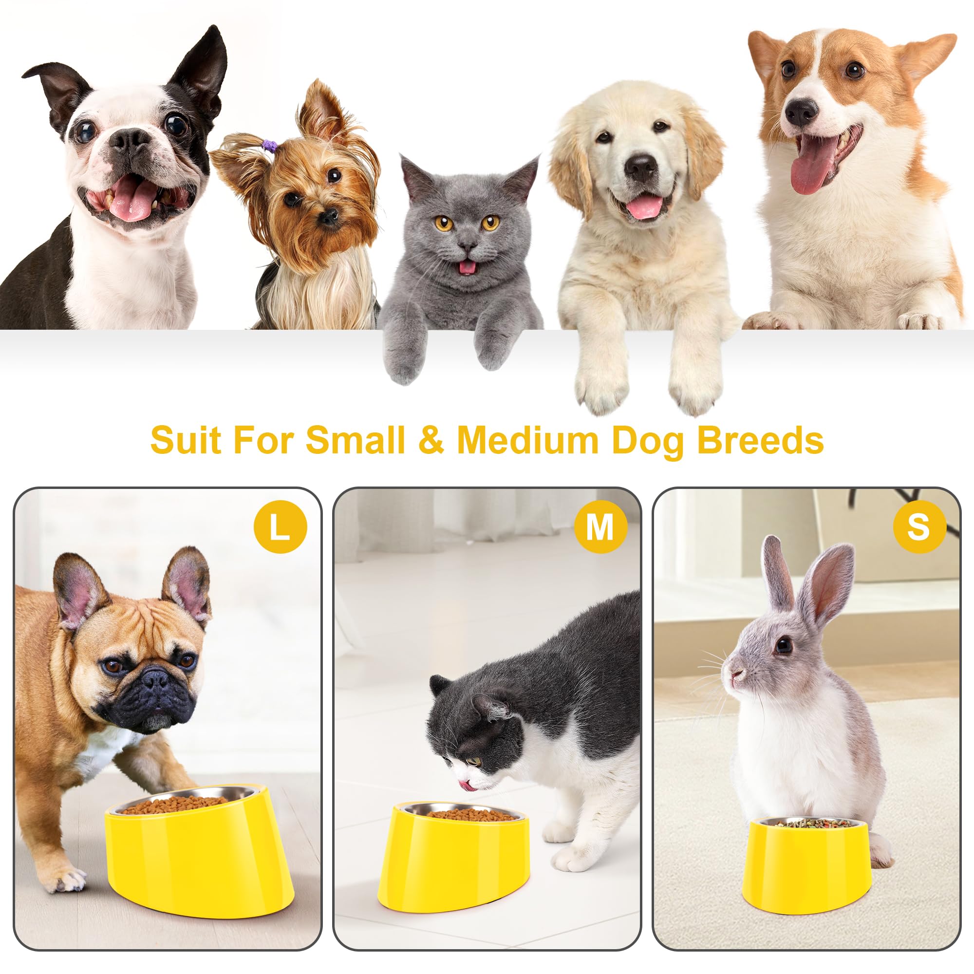 Cuenco inclinado de acero inoxidable inclinado de 15° para perros y gatos, comedero antideslizante y antiderrames, con soporte de melamina desmontable elevado, plato fácil de conseguir,