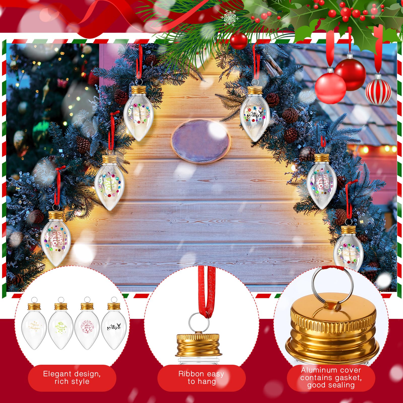 Sliner 48 Pieces Christmas Booze Balls Fillable Ornaments Empty Plastic Light Bulbs Ornaments Hanging Xmas Decorations with Stickers and Rope for Crafts DIY Candy Christmas Tree 3.38 Inch