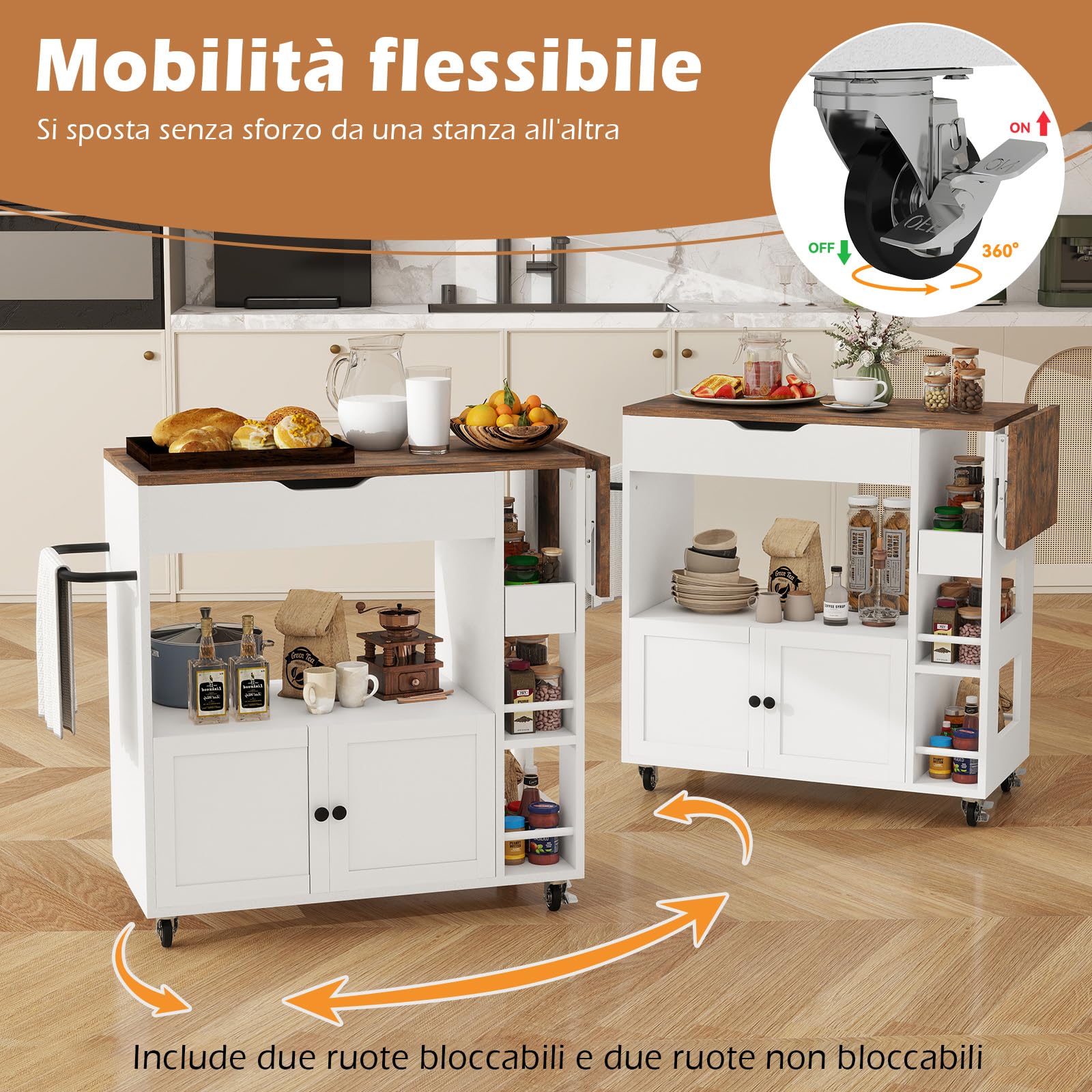 YU YUSING Isola Cucina con Piano Ribaltabile, Carrello da Cucina Salvaspazio con 4 Ruote, Mobile Cucina con 4 Ripiani, Mobile Microonde, Credenza Cucina, Manico in Ferro, Cassetto, 104x40x89cm, Bianco