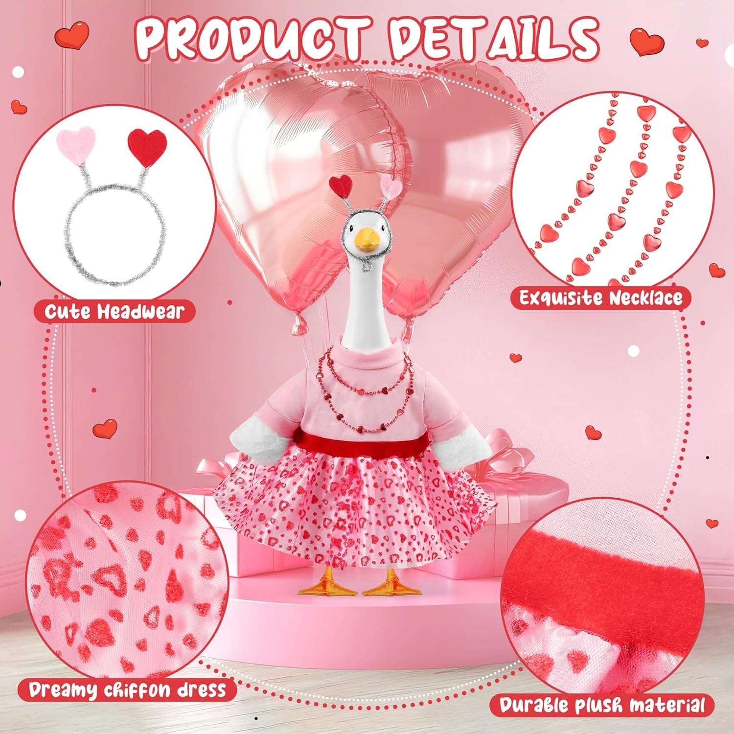 Valentine's Day Porch Goose Outfits, Valentine Heart Goose Outfit for 23'' Statue, Pink Red Goose