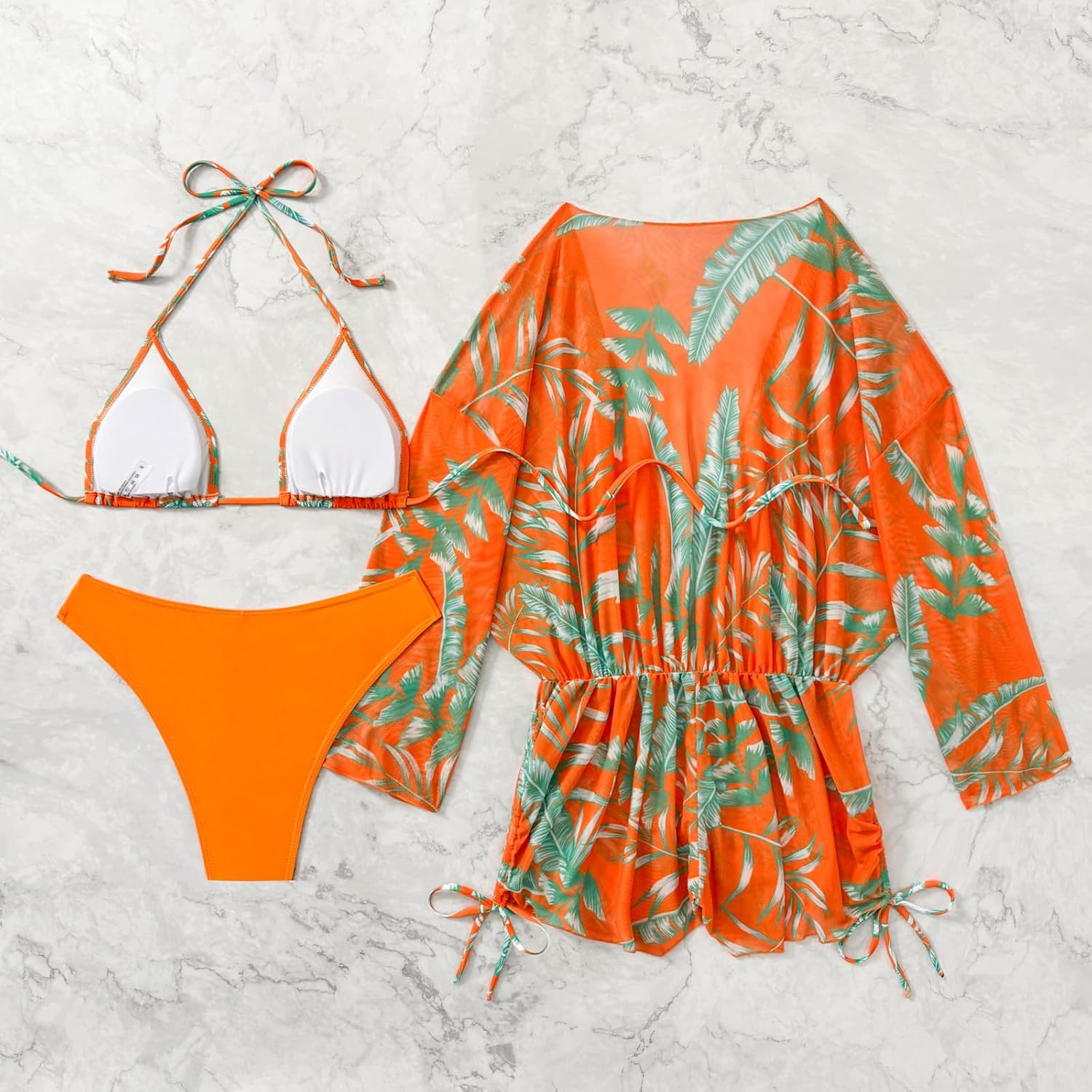 3 Piece Swimsuits for Women Tropical Leaf Print Mesh Cover Up Bathing Suit Built in Bra Swimwear for Beach XS-XXL