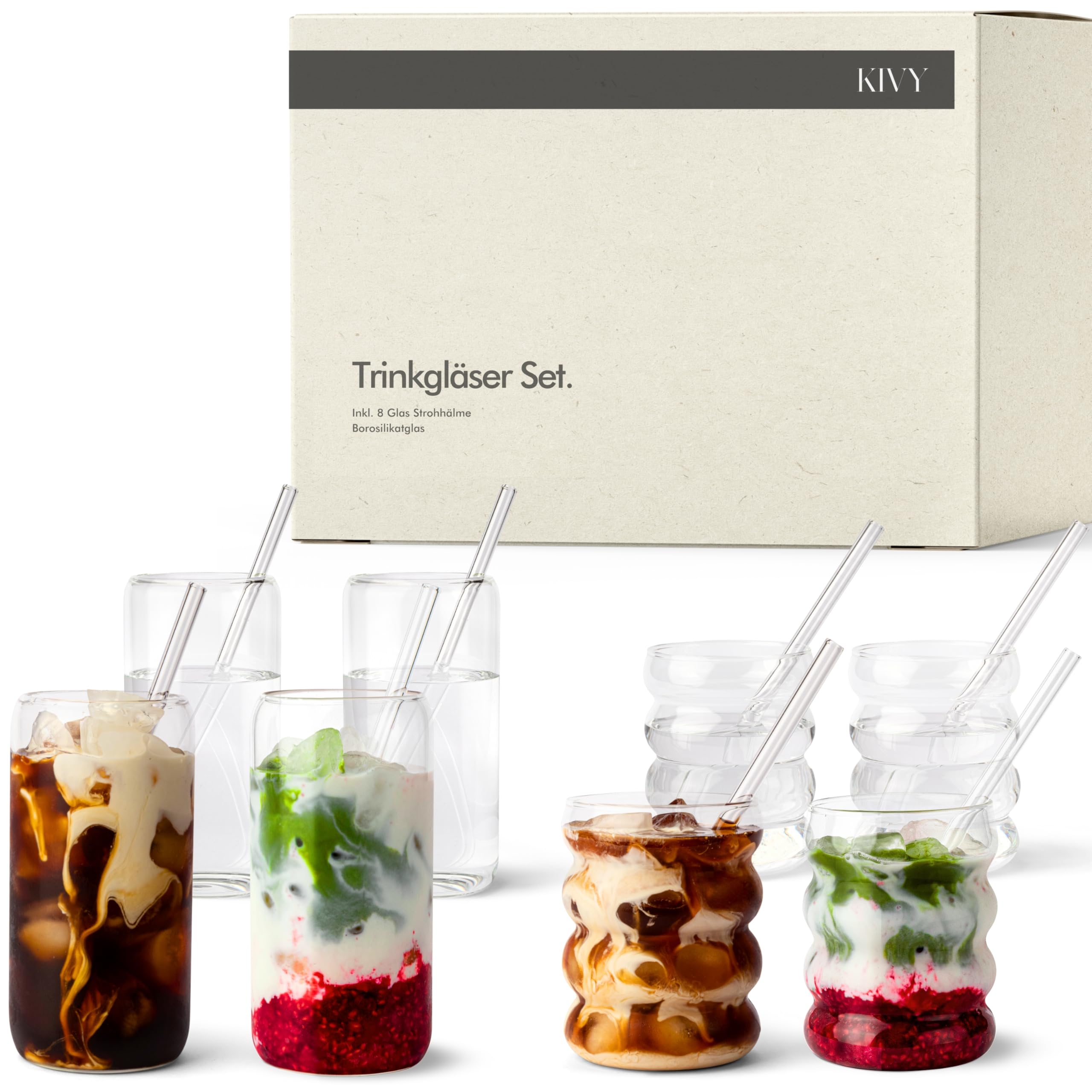 KIVY Trinkgläser 8er Set [4x 450ml + 4x 350ml] Inklusive Glas Strohhälme