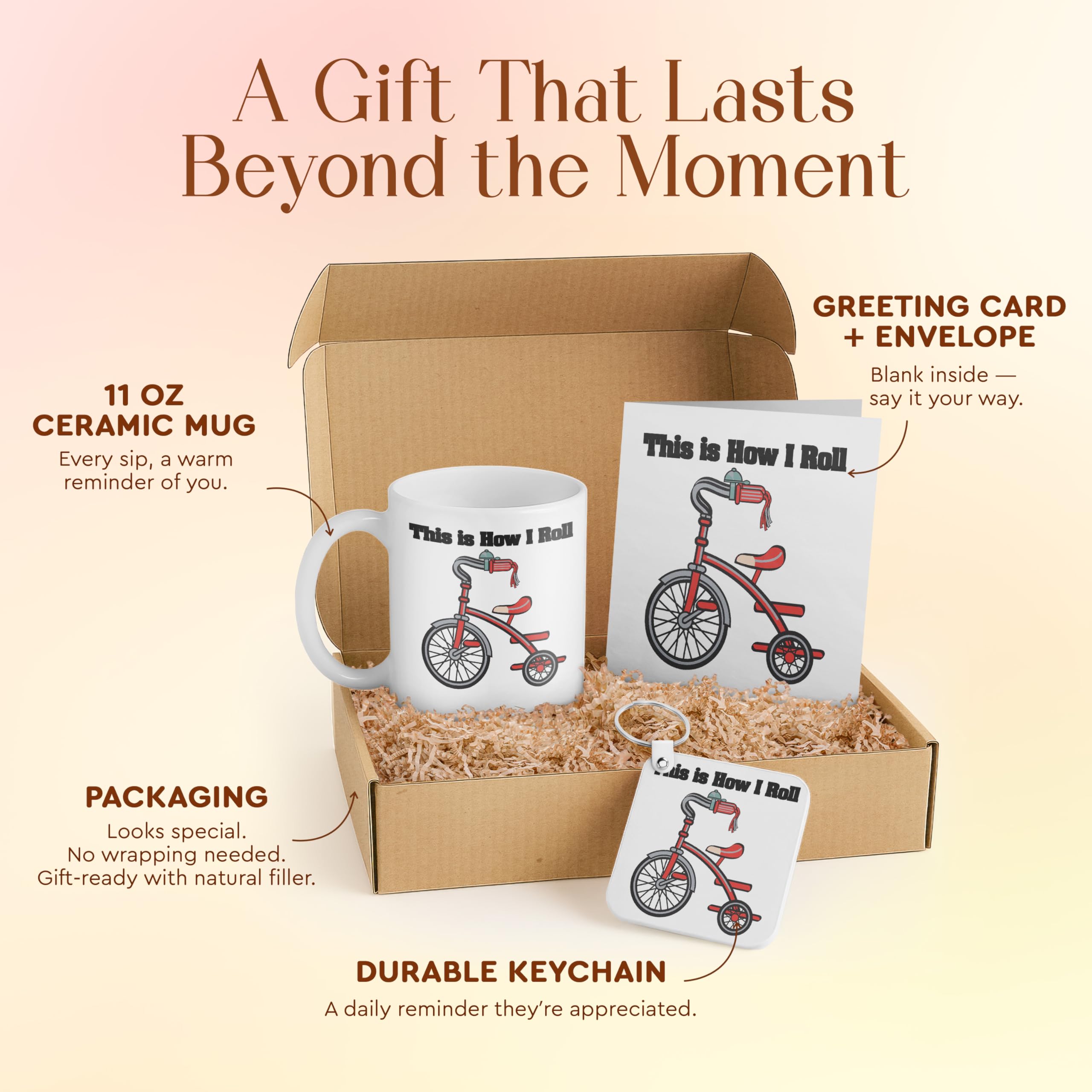 3dRose Funny Bike Enthusiast Gift Set with Mug, Keychain, and Card – Red Tricycle Illustration – Ideal for Kids and Birthdays