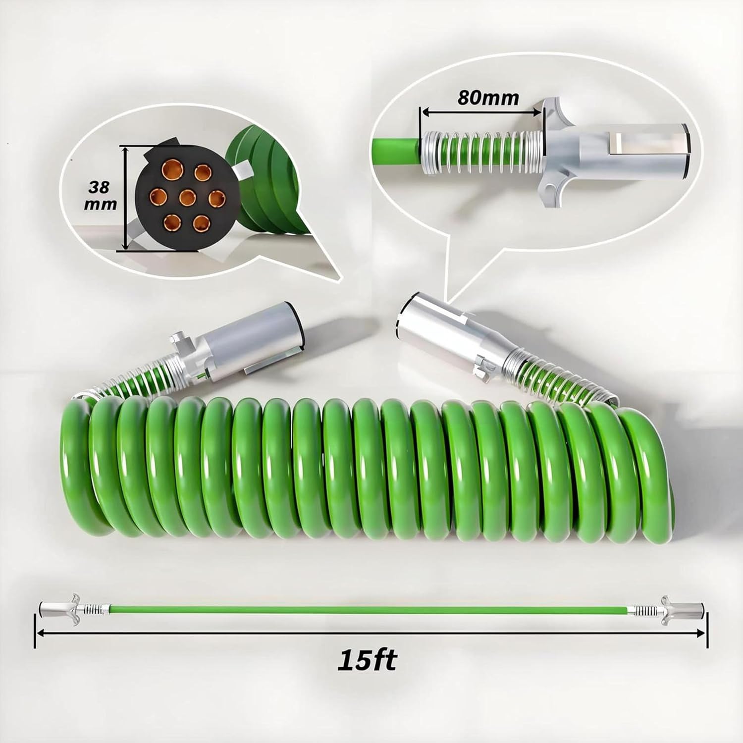 7 Way Coiled Trailer Cord 15FT Pigtail Heavy Duty Electric Cord -85°F Cold Resistant Soft Flexible ABS Power Cable for Semi Truck Trailers True 4/12+2/10+1/8 AWG (15FT Spring Wire)