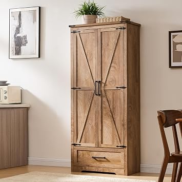 JXQTLINGMU Farmhouse Kitchen Pantry Cabinet - 72" Tall Wood Kitchen Storage Cabinets with Adjustable Shelves & 2 Barn Doors & Drawer, Versatile Storage for Dining Room, Bathroom, Light Walnut