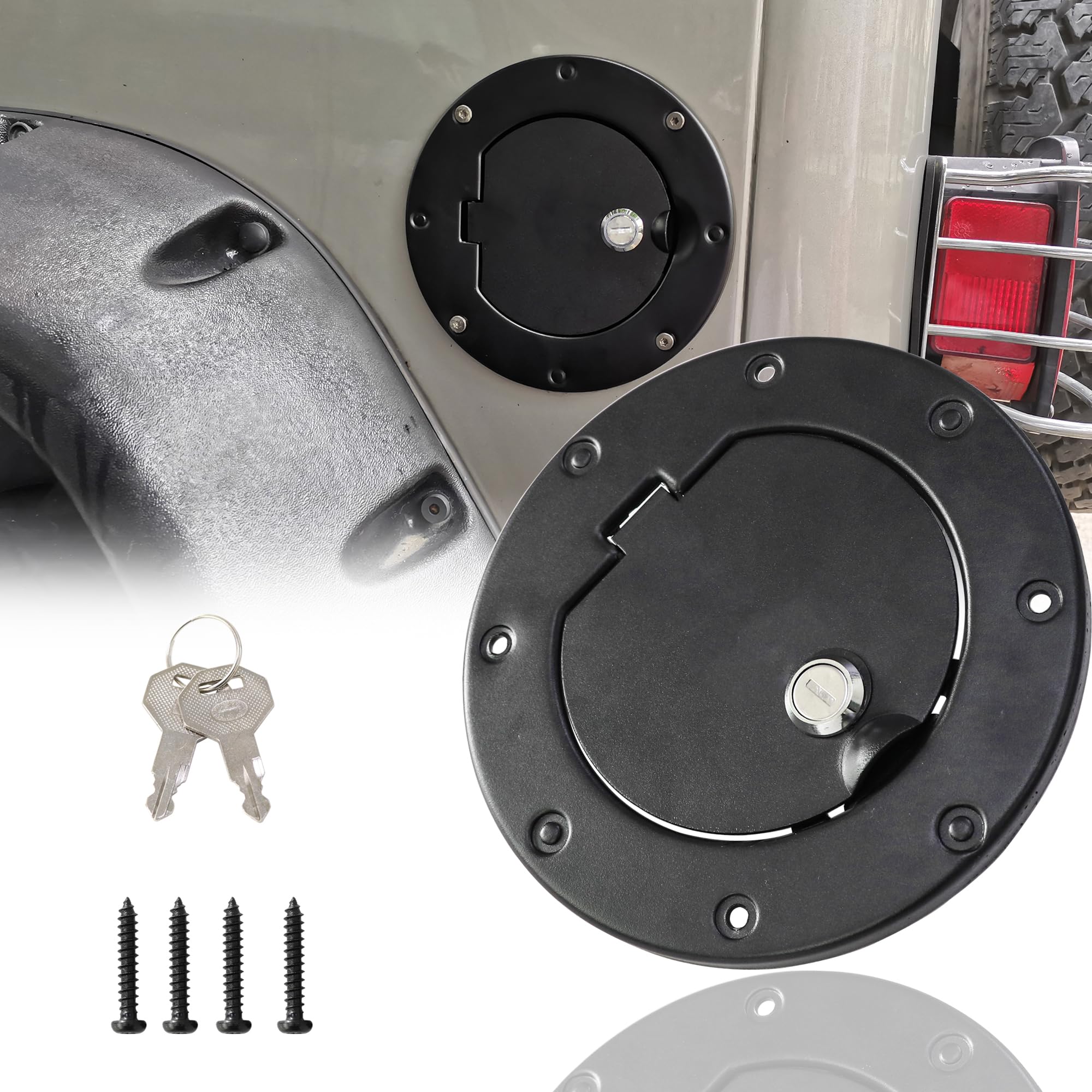 SHINEKA Black Aluminum Fuel Gas Cap Door Cover For Jeep Wrangler TJ 1997-2006. Set Of 2 Pieces. Easy Install, No Drilling, Rust-resistant.