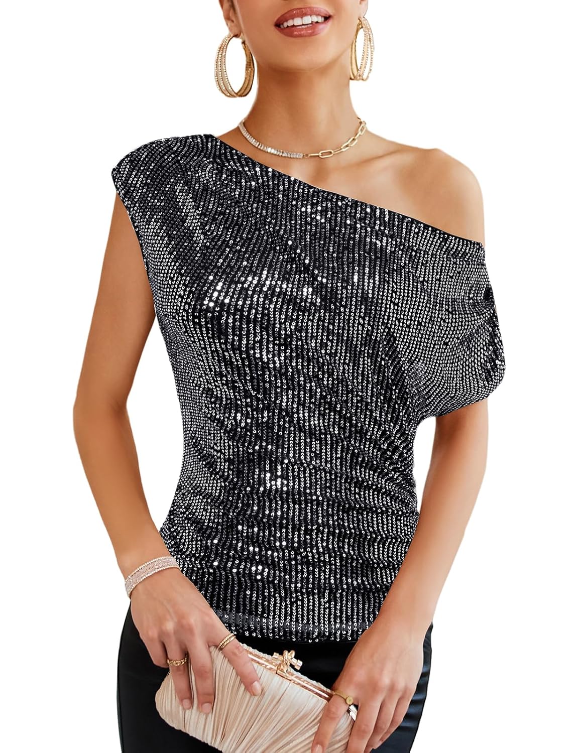GRACE KARIN One Shoulder Sequin Sparkly Tops for Women Ruched Asymmetrical Glitter Tops Slimming Sparkle Party Shirts