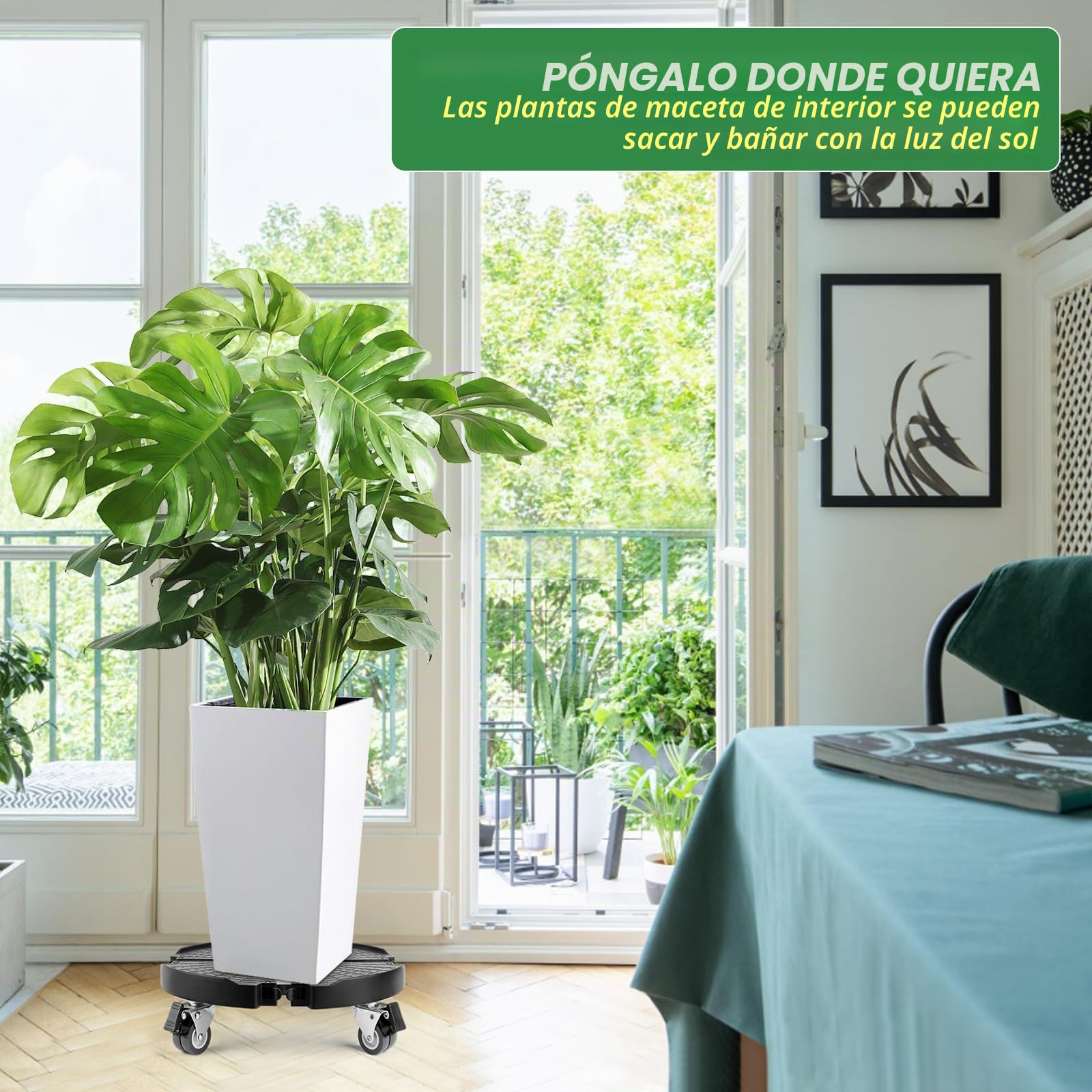 Plataforma con Ruedas, Ajustable Ø 35-48cm, Capacidad de Carga 150 kg, Soporte para Macetas con Ruedas 360 ° Giratorio, Soporte para Macetas Exterior Interior Jardín, Negro