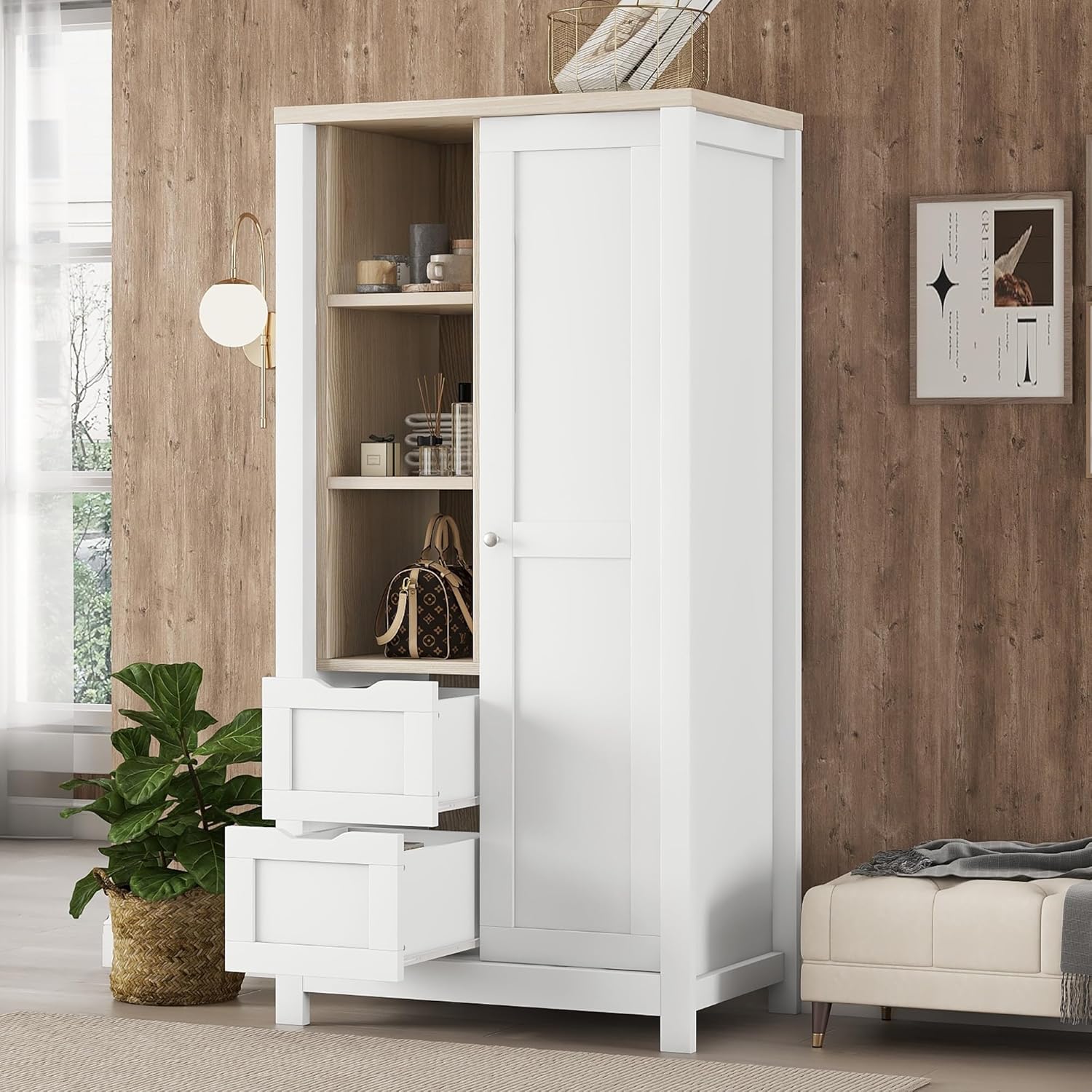 68" H Wardrobe Armoire Closet,2-Door Wardrobe Cabinet with 2-Drawer/Hanging Rod/3 Open Shelves Freestanding Clothes Storage Closet for Bedroom,White INCOMPLETE