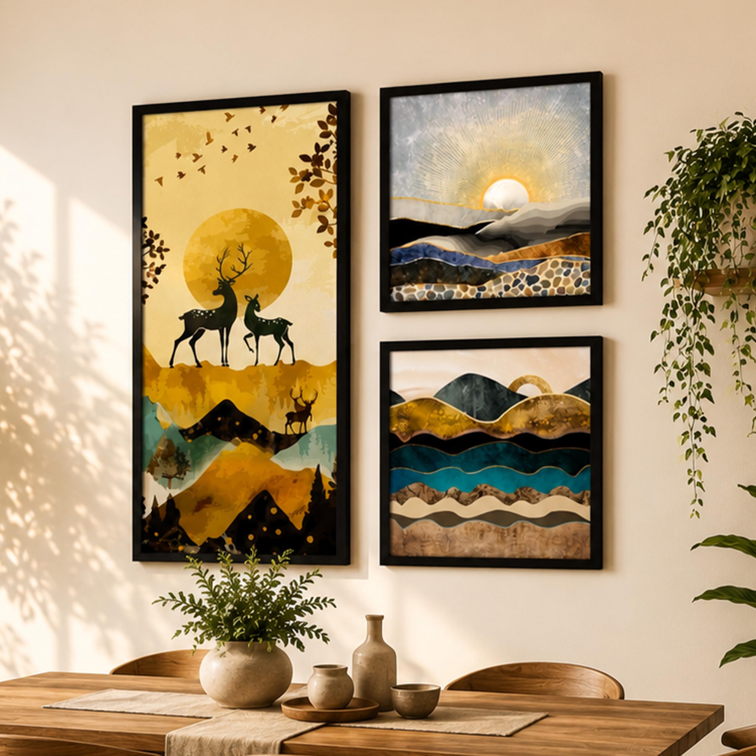 Landscape Deer Art Prints - Set of 3 Framed Wall Decor -5