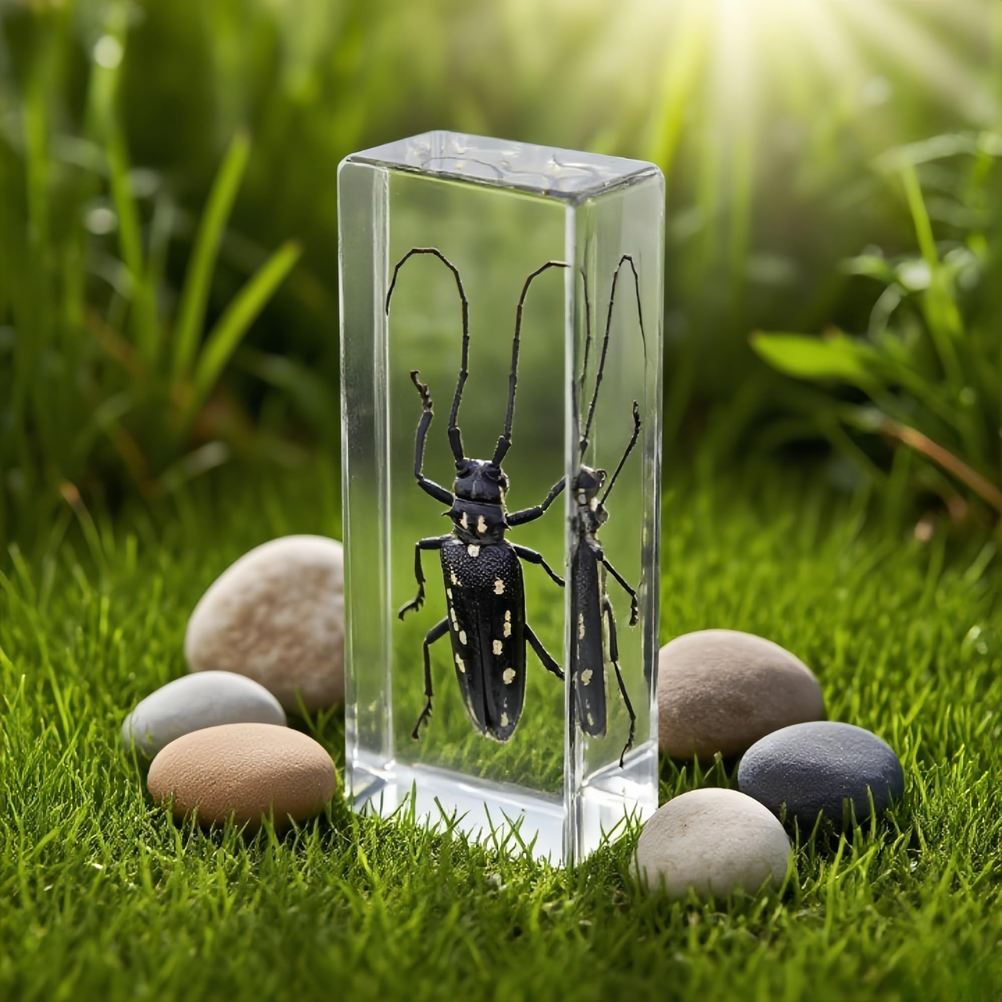 Real Longhorn Beetle in Clear Resin – Preserved Insect Specimen for Display, Educational Collection, or Paperweight Decor