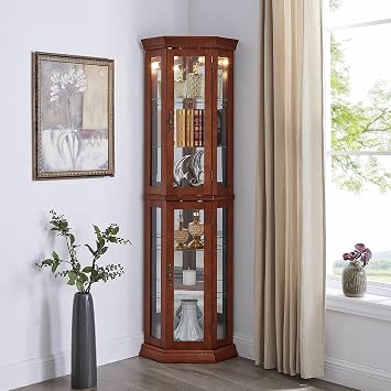 Lighted Wooden Corner Display Curio Cabinet, Curved Shelving Unit with Adjustable Shelves and Mirrored Back Panel, Tempered Glass Doors for Bedroom, Living Room Walnut, Corner Shape