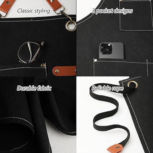 Miniatura 7 de Adjustable Canvas Apron with 3 Pockets for Men Women,Cross Back Work Apron,Durable Kitchen Apron for Cooking