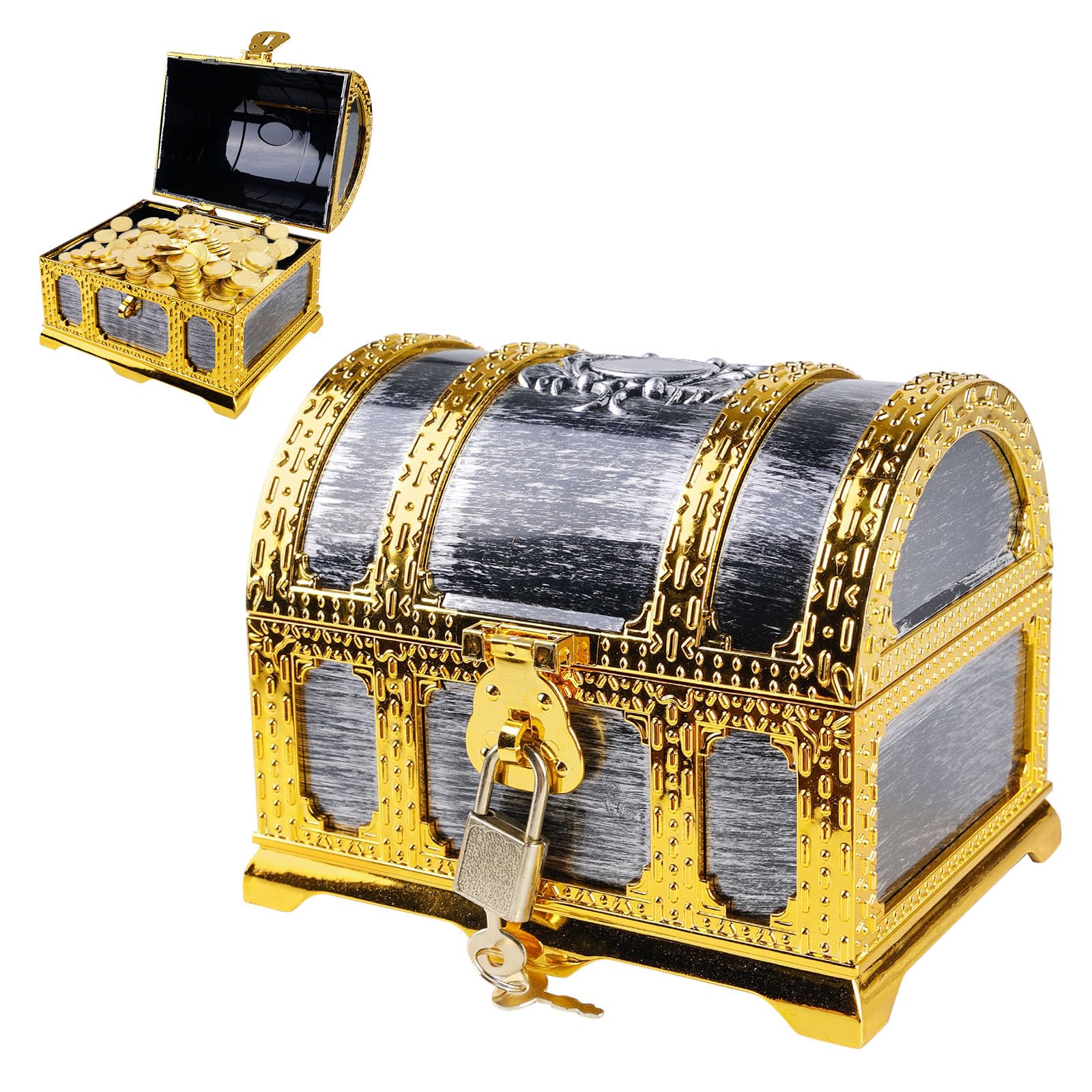 SUNOYA Pirate Treasure Chest Caribe, Pirate Treasure Chest Children's Birthday, Children's Treasure Chest Small with Lock and Lid with Key, for Storage and Decorating, Children's Gift