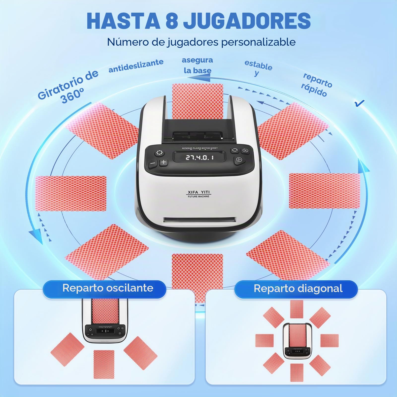 Automático y dispensador de Cartas, 8 Jugadores Ajustables, Capacidad para hasta 4 Barajas, Base giratoria de 360°, Modos de Tarjeta Diagonal/oscilante para póquer, UNO