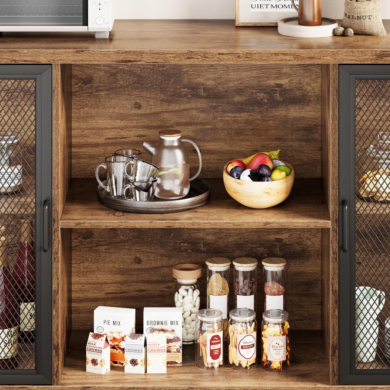 IBF Weinschrank Barschrank mit Weinregal und Glashalter Industrial Küchenschrank Kaffeebarschrank Sideboard Weinbarschrank für Küche Esszimmer Wohnzimmer Eingangsbereich,140 cm Rustikales Braun