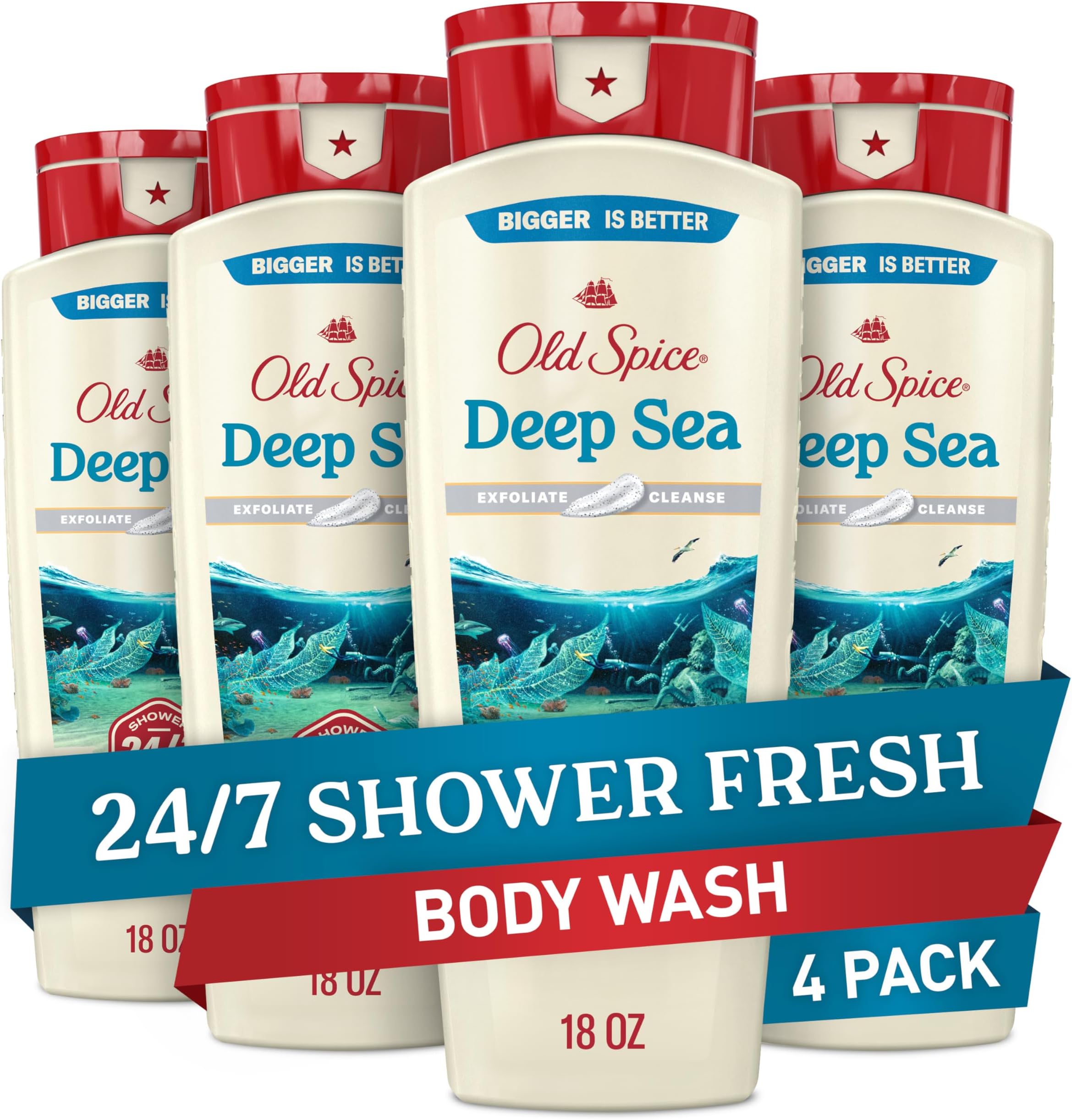 Cleansing Body Wash for Men, 24/7 Shower Fresh with Lasting Scent, Exfoliate & Cleanse, Gentle on Skin, Vitamin B3, Deep Sea with Ocean Waves + Kelp Scent, 18 oz (Pack of 4)