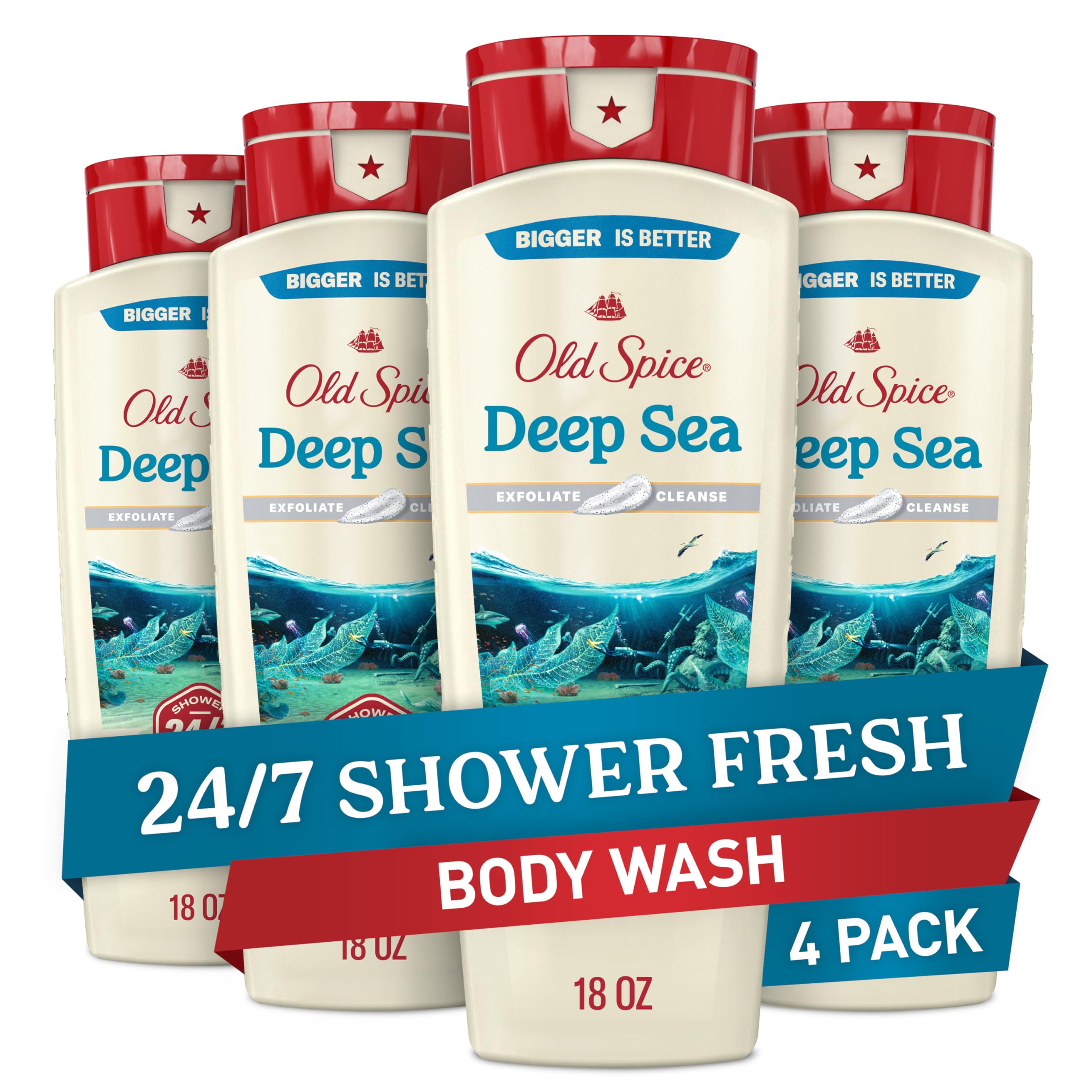 Old Spice Cleansing Body Wash for Men, 24/7 Shower Fresh with Lasting Scent, Exfoliate & Cleanse, Gentle on Skin, Vitamin B3, Deep Sea with Ocean Waves + Kelp Scent, 18 oz (Pack of 4)