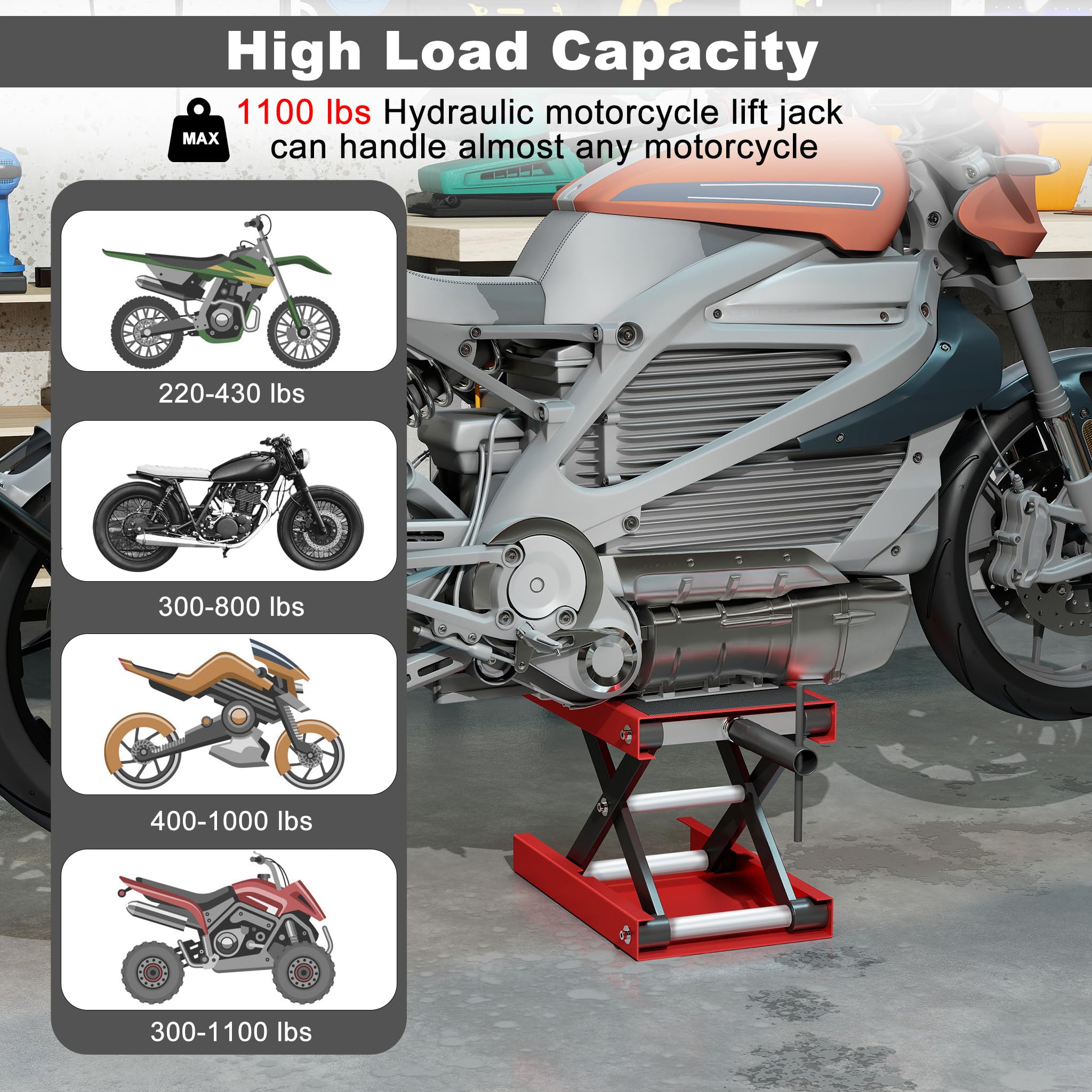 UISEBRT Hebescheren Mittelständer, Verstellbarer Motorradheber für Wartung, Hebebühne bis 500 kg belastbar, ideal für Reparaturen von Motorrädern, ATVs & Quads, Einsatz in Garage