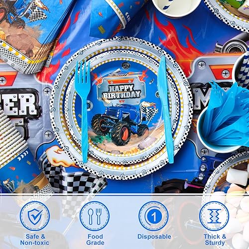 Miniatura 3 de Buryeah Juego de vajilla de 176 piezas de suministros para fiesta de camión, incluye mantel de camión, cubierta de mesas de fiesta, platos de papel,