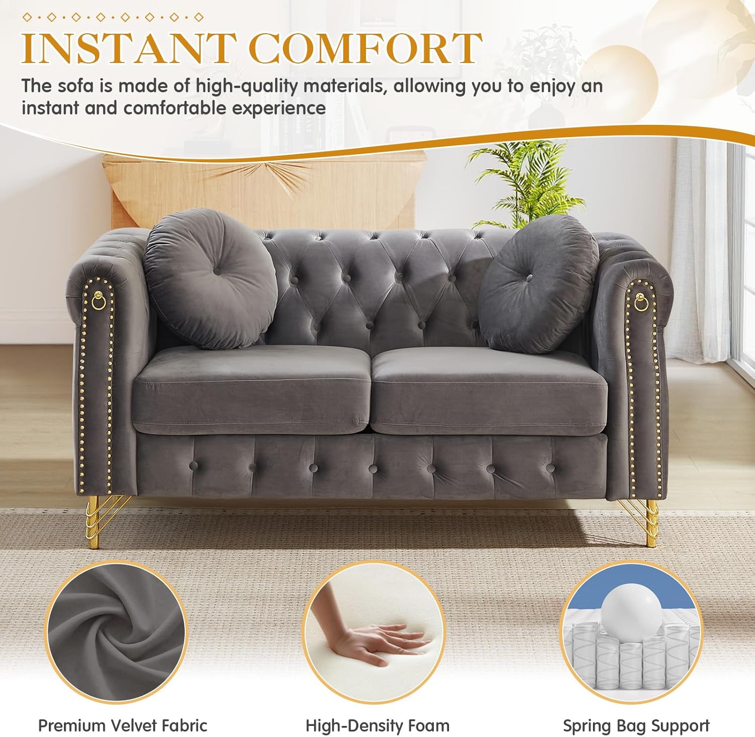 Mid Century Modern Chesterfield Sofa, Velvet Loveseat Couch, Upholstered Button Tufted Deep Seat Couch with Nailhead Trim&Roll Arms, 2-Seater Comfy Sofa for Living Room, Bedroom, Office(60.5", Grey)