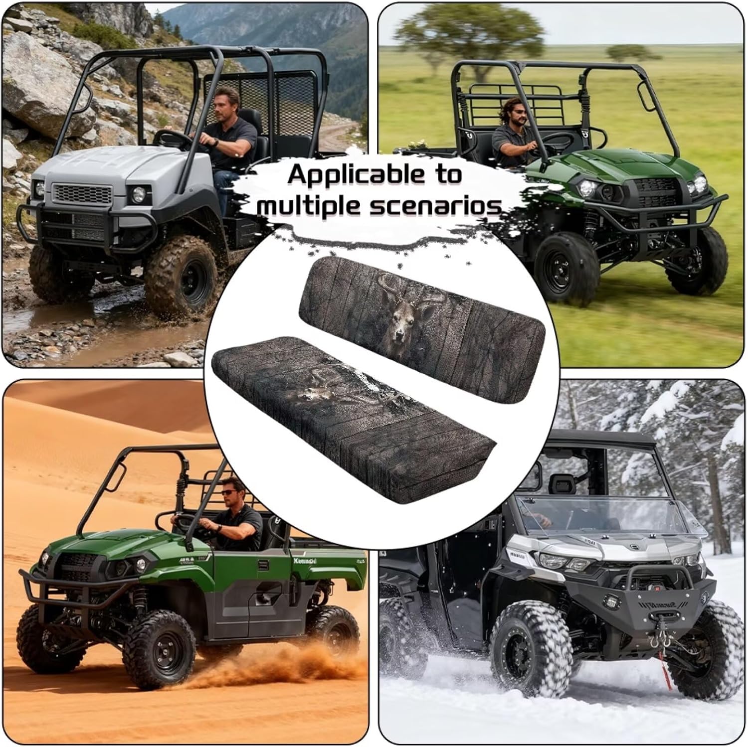 Deer Wood Print UTV Seat Cover Replacement UTV Bench Seat Covers Compatible with Kawasaki Mule 300 3010 3020 4000 4010 2001-2023, Easy to Install