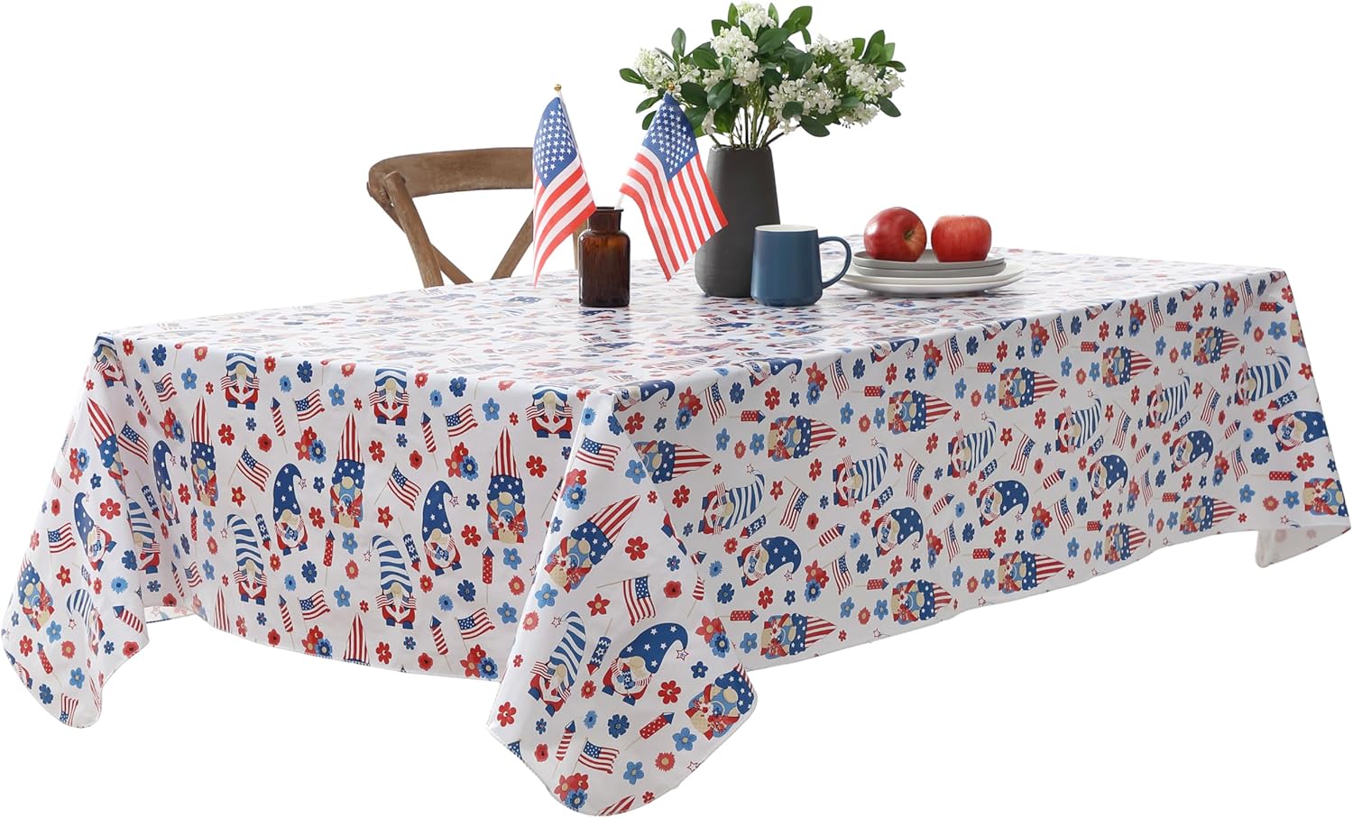 Newbridge Gnome Party Vinyl Flannel Backed Tablecloth, 60 x 102 Inch Rectangle, Patriotic 4th of July Gnomes with Flags and Fireworks Wipe Clean Table Cover