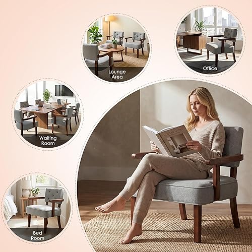 Miniatura 7 de Juego de 2 sillas decorativas modernas, butacas para la sala, silla con brazo pequeño de mediados de siglo, sillas tapizadas de madera con